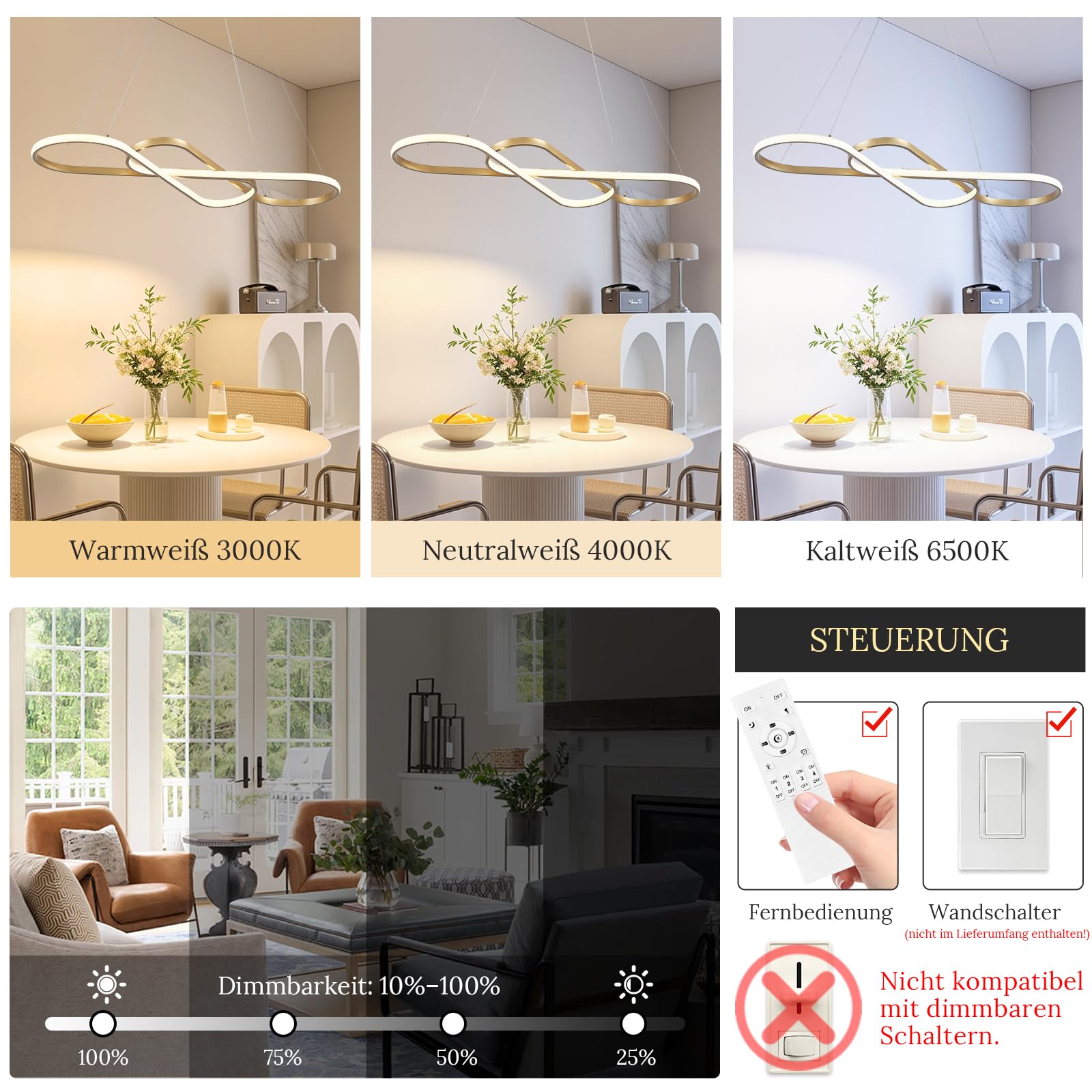 CATINER Moderner LED Hängeleuchte Gold Esszimmer Pendelleuchten 80cm Dimmbar LED Kronleuchter mit Fernbedienung Kücheninsel Linear Hängelampe für Wohnzimmer Hohe Decken 50W