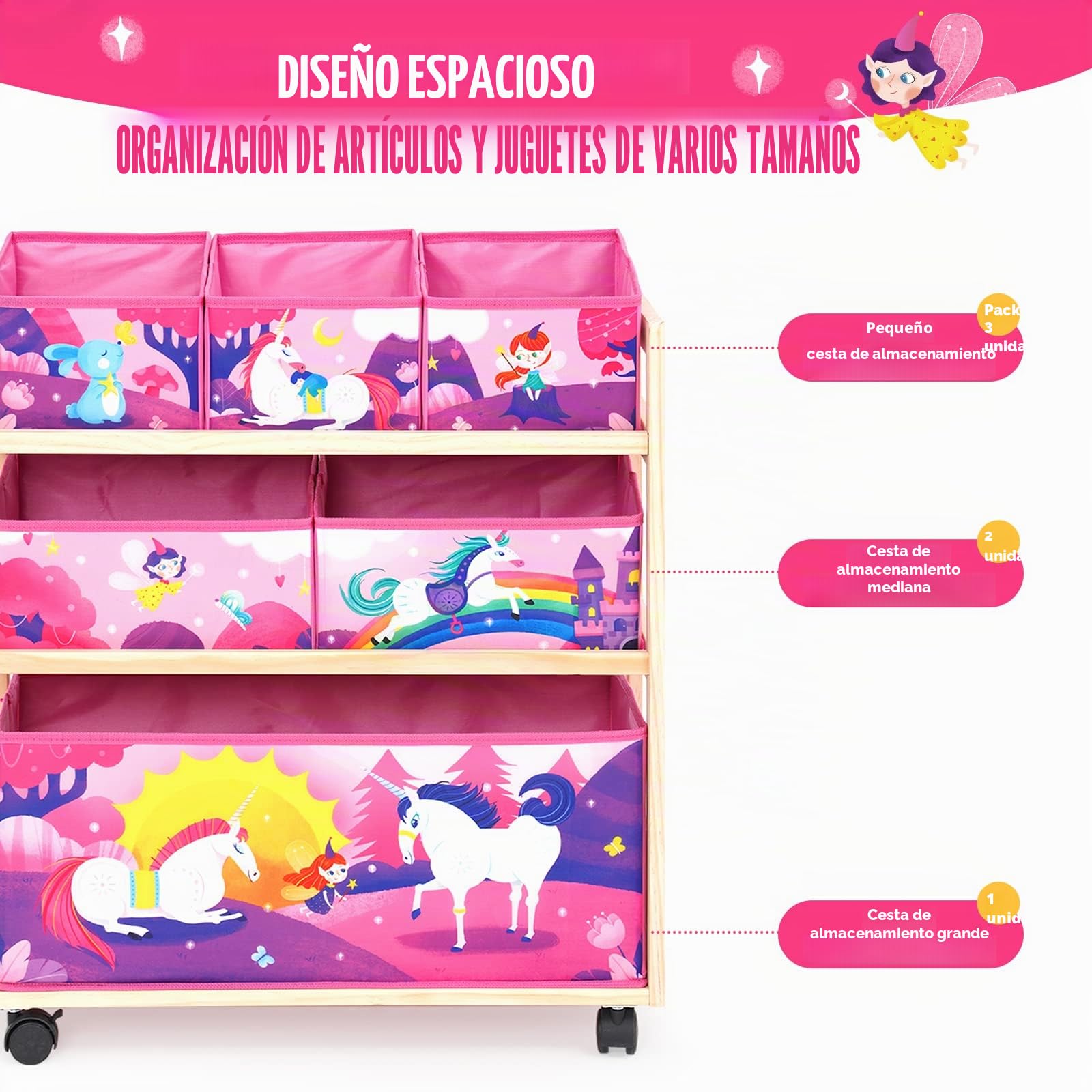 Organizador de juguetes para niños con ruedas y 6 recipientes de almacenamiento de gran capacidad para guardar juguetes para habitación de niños, habitación de niñas