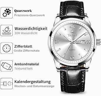 Taxau Uhren Herren Klassischus Lederarmband Wasserdicht Großes Zifferblatt