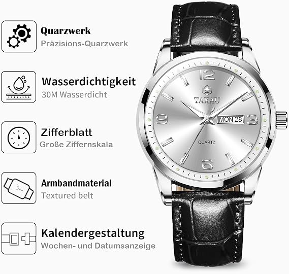 Taxau Uhren Herren Klassischus Lederarmband Wasserdicht Großes Zifferblatt