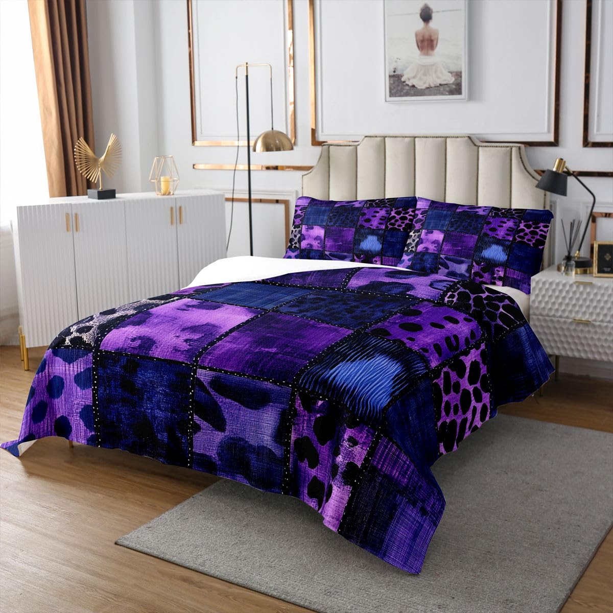 Colcha con estampado de leopardo púrpura tamaño L Patchwork African Wildlife estampado de piel ropa de cama para adultos adolescentes vintage geométrico a cuadros Coverlet 2 fundas de