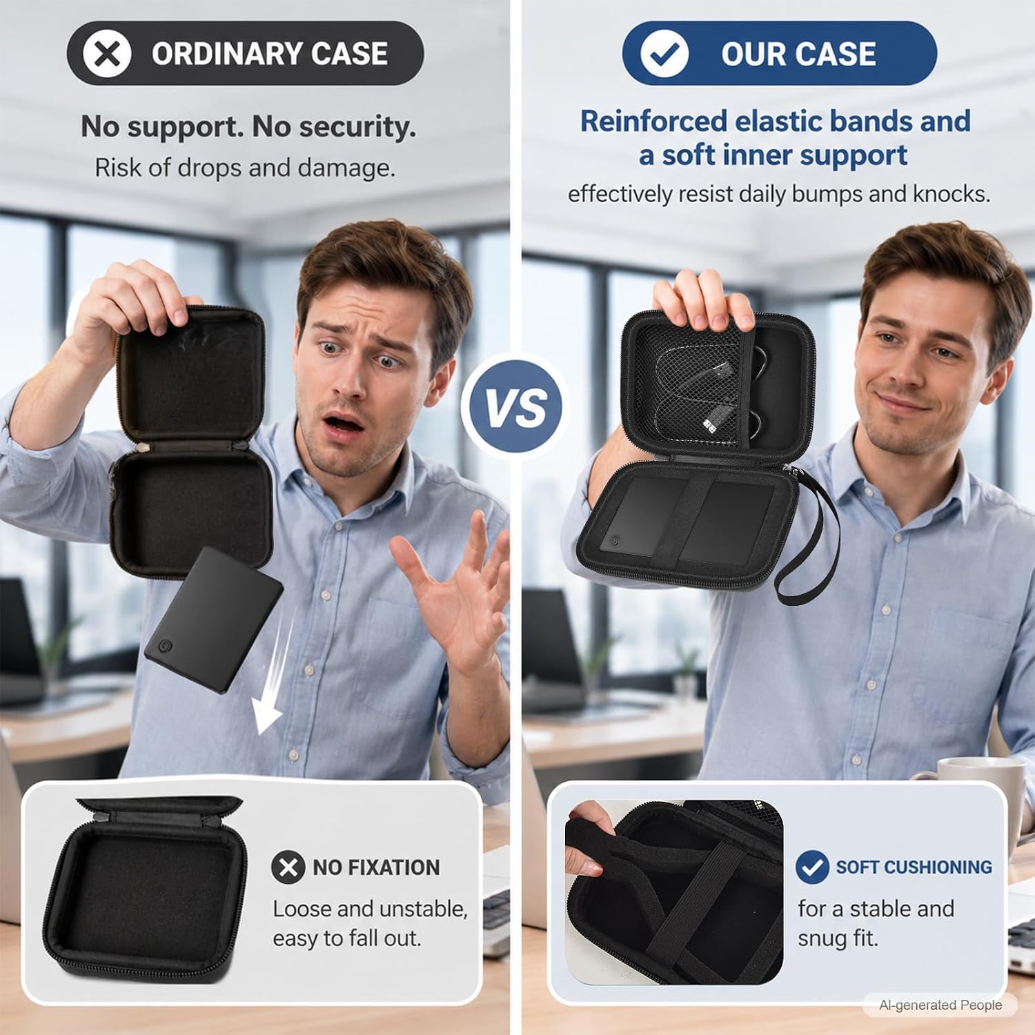 ALKOO Hard Shell External Hard Drive Case for Seagate Portable 1-5TB | PU Leather Exterior, Foam Insert, Elastic Strap, Cable Pocket, Organized Storage for Students and Travelers, Case Only, Black