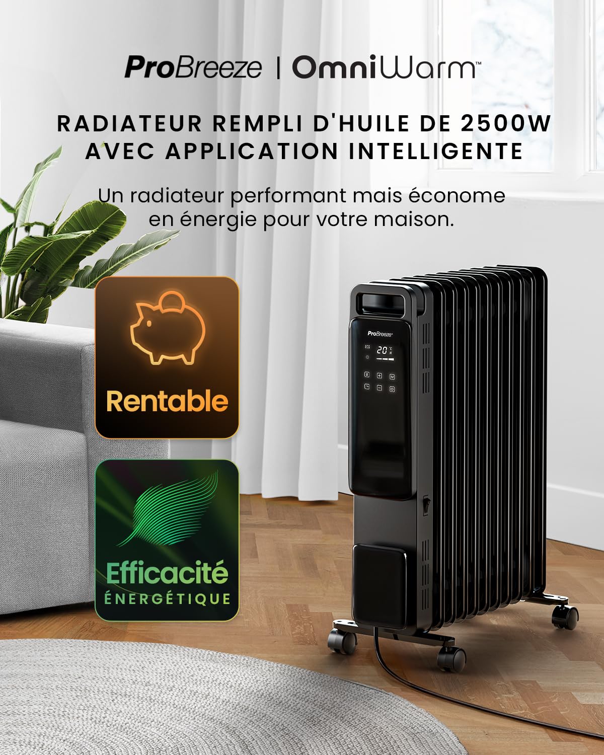 Pro Breeze OmniWarm Radiateur Bain d'Huile 2500W, 11 éléments - Chauffage Électrique - Écran Digital, Mode Éco, 3 Niveaux de Chauffage, Thermostat Réglable, Sécurité Anti-basculement & Minuteur 24H
