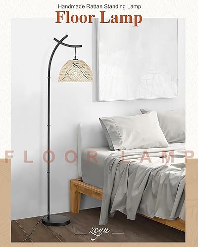 Miniatura 7 de zeyu ZSL82-FL BK - Lámpara de pie industrial de 1 luz para dormitorio, 63 pulgadas de alto, moderna lámpara de pie de ratán con interruptor de pie,