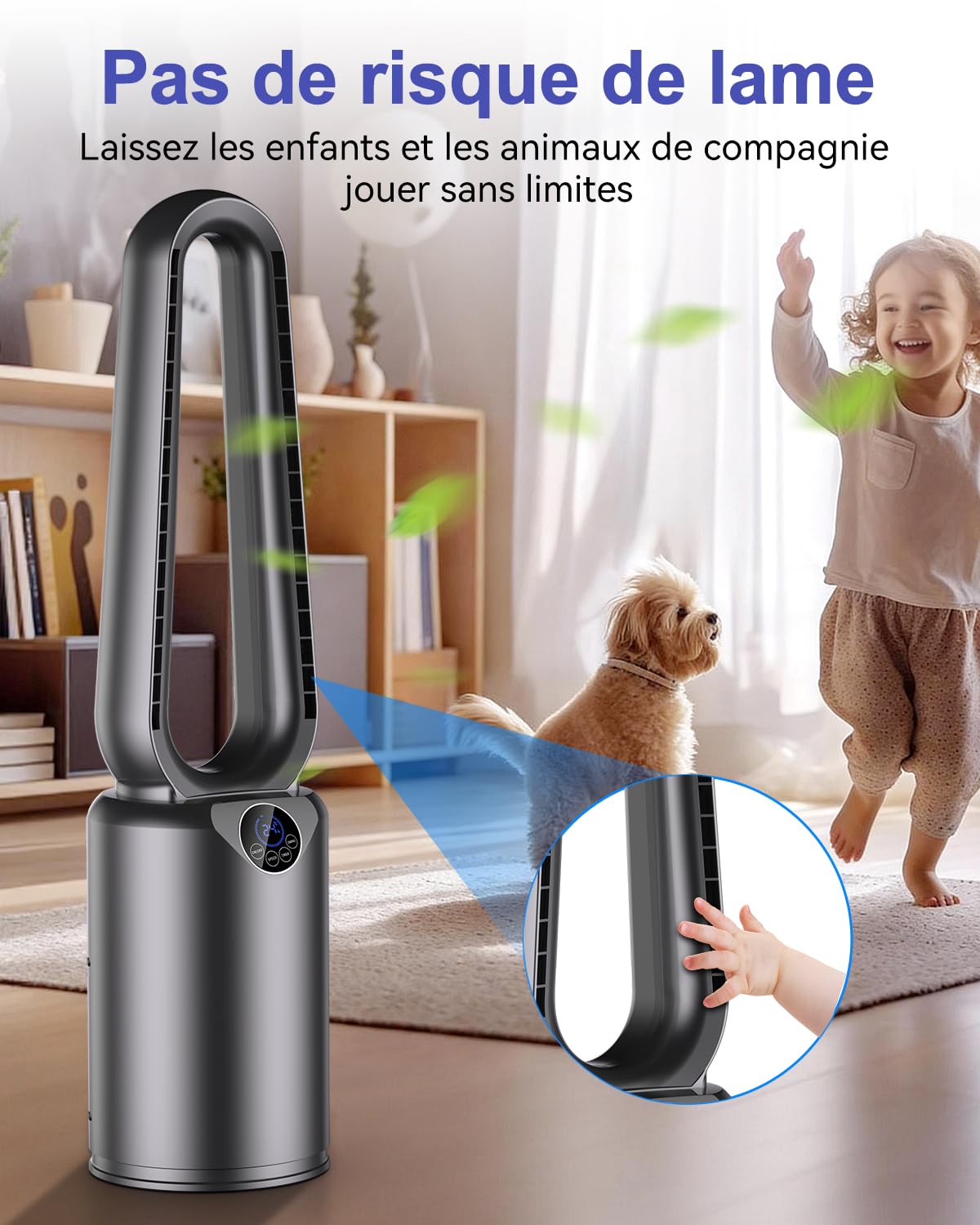 Ventilateur Colonne Sans Pales 85 cm - Ventilateur Tour Silencieux 20dB avec 24 Vitesses, Vitesse Maximum 9,7 m/s, Oscillation à 90°, Minuterie 12H, Télécommande et Tactile pour Grande Chambre