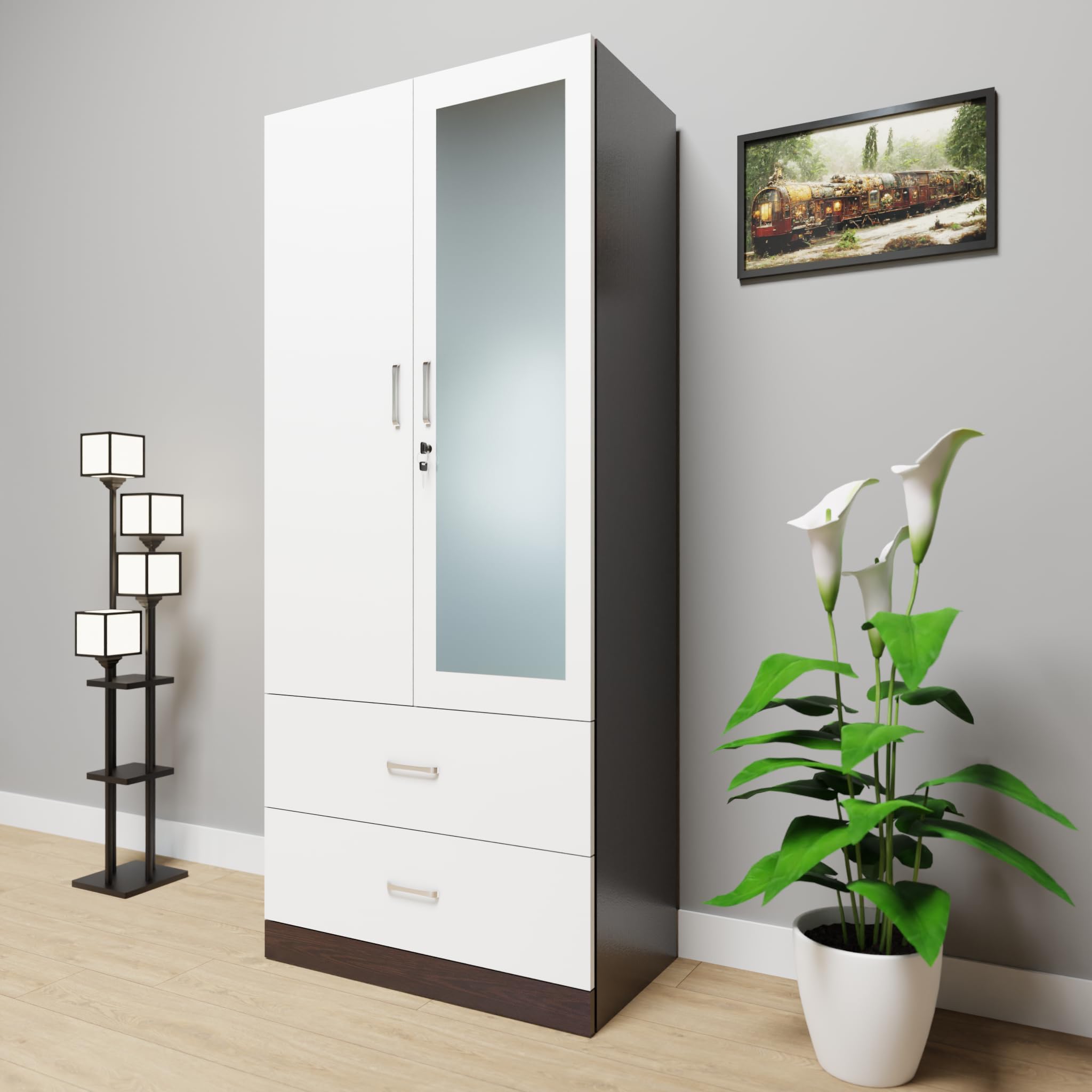 VIKI Wardrobe | Wooden Almirah for Clothes,Door for Bedroom, 2 Door Wardrobe with Drawer, Mirror & Hanging Space (Wenge & White - 40D x 80W x 180H) | 1 Year Warranty | Free Assembly