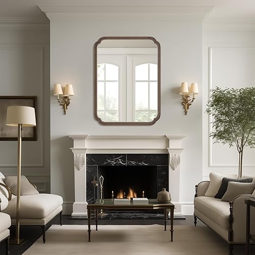 Miniatura 4 de WallBeyond Espejo de baño de madera de 30 x 40 pulgadas para montar en la pared, espejo rústico de esquina redondeada para entrada, sala de estar o