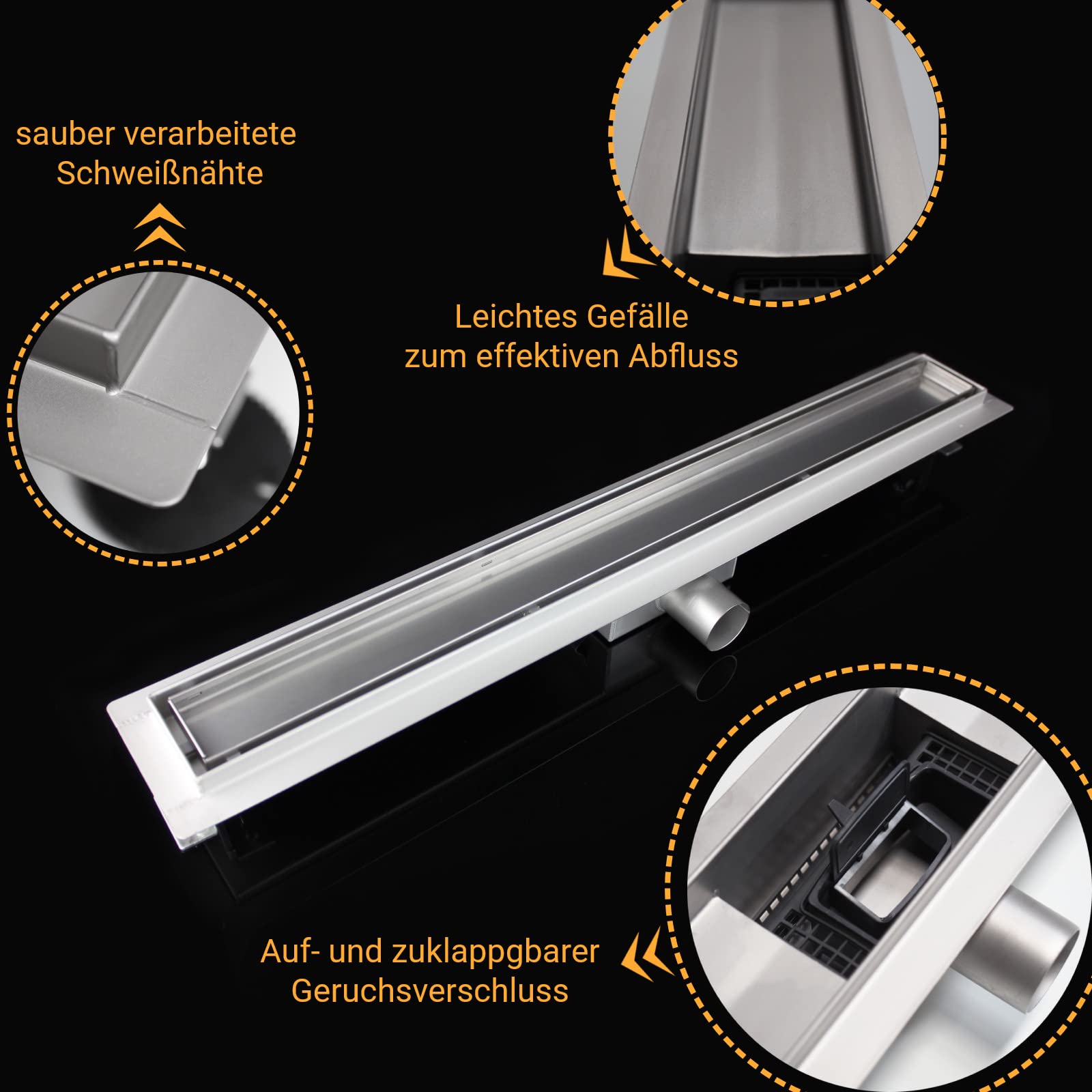 WITEN&NOCK Duschrinne 70 cm Befliesbar Drainset Edelstahl Bodenablauf für bodengleiche Dusche mit Geruchsstopp Haarsieb extra flach Edelstahl gebürstet Komplettset mit Bodenbefestigung
