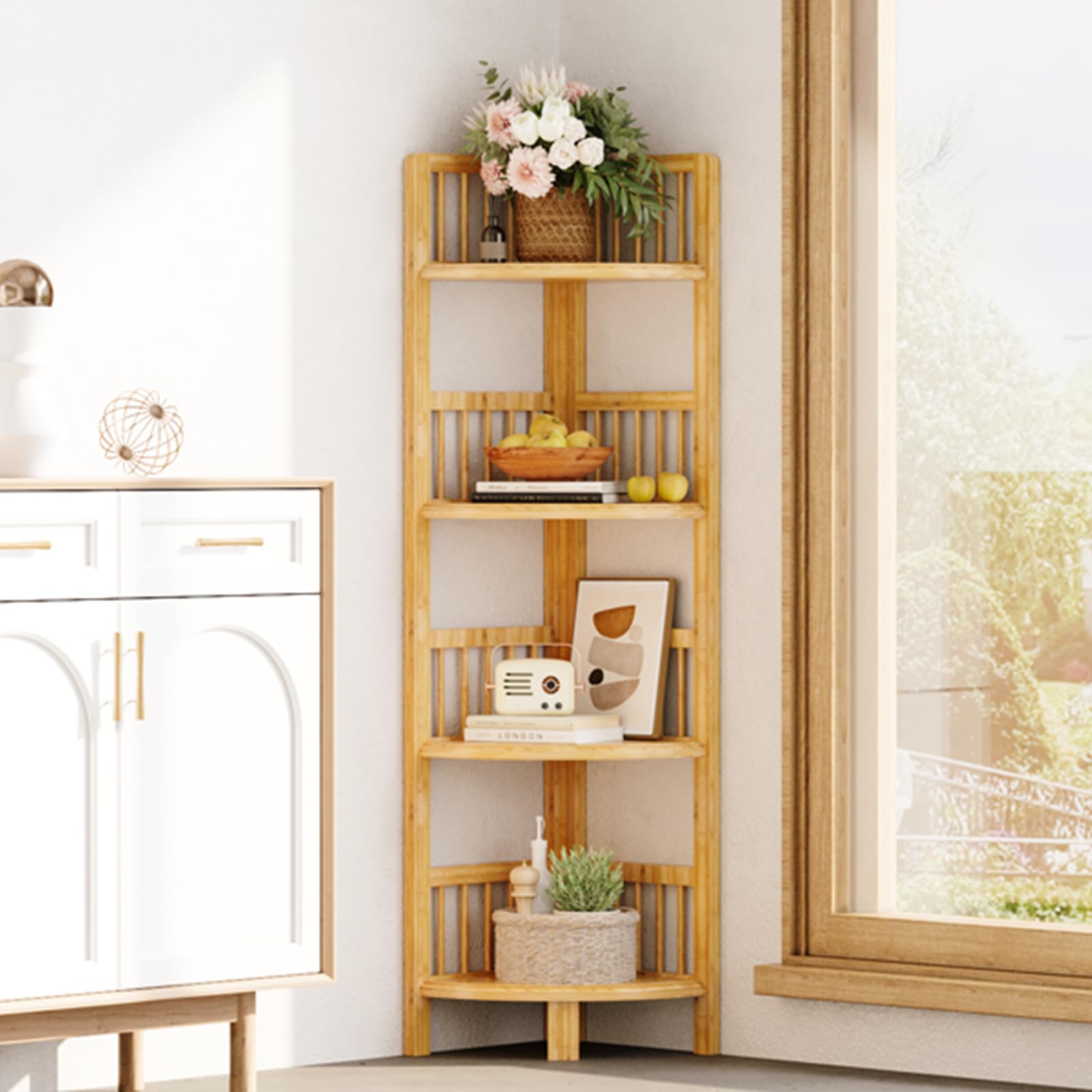 Dripex Bamboo Corner Shelves Free Standing Shelf Floor Storage Unit for Bathroom, Living Room, Bedroom, Kitchen, Balcony or Office (4 Tier)