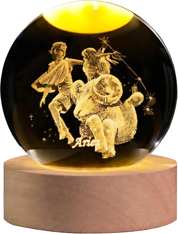 3D Laser Etched Aries Crystal Ball with LED Light Stand, Constellation Decor Glass Sphere Lamp, Zodiac Astrology Birthday Gifts for Women Kids