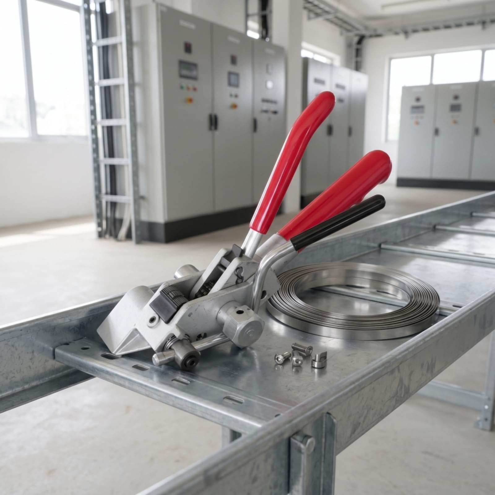 Amagogo Dispositivo de Fijación de Bandas Herramienta Industrial Cortadora de Bandas de Acero Tensador con Mecanismo de Trinquete Mango Reforzado Ergonómico
