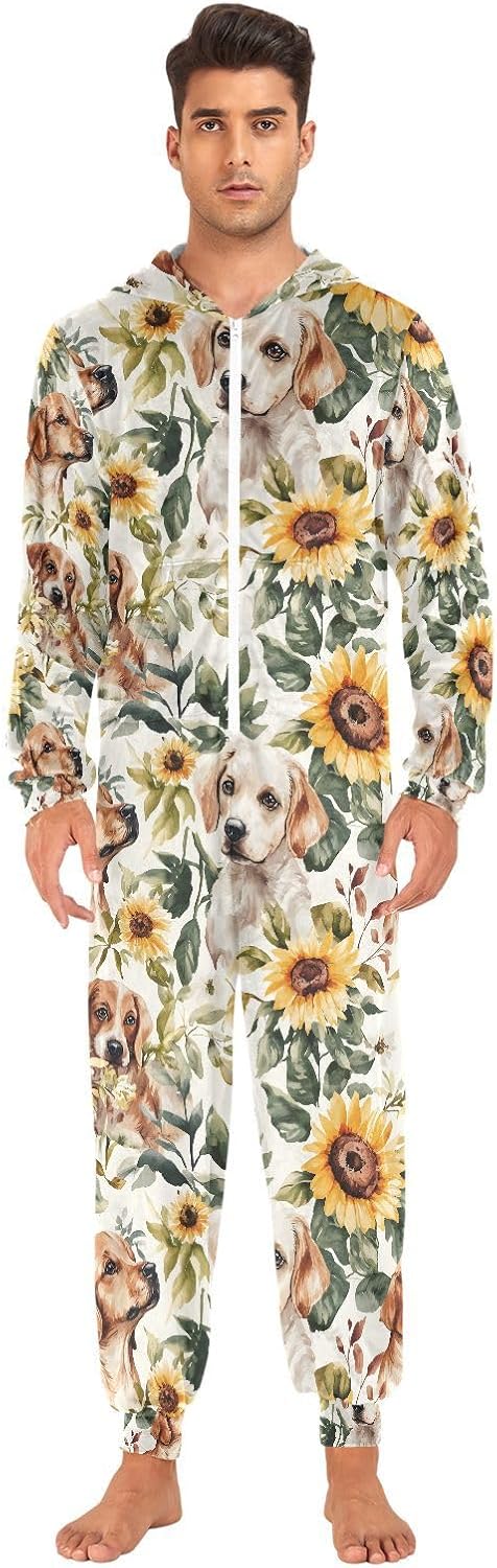 Dogs Sunflower Flower Adult Onesie Pajamas Novelty One Piece Costume Sleepwear Jumpsuits Matching PJS