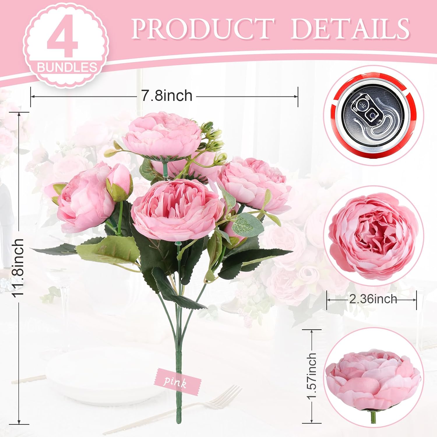 DEEMEI Artificial Peony Flower Silk Peonies Bouquet 4 Bundles Fake Flowers Bulk for Home Wedding Party Decor (Pink)