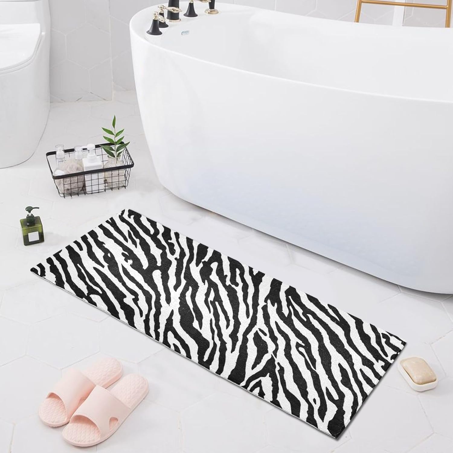 Zebra Print Black Bathroom Runner Rug, 39" x 20" Soft and Absorbent Non Slip Bath Mat, Washable Plush Mats for Bathroom Shower Kitchen