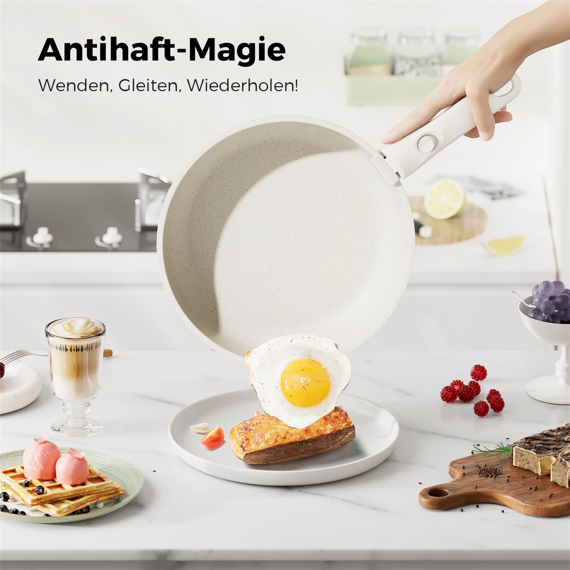 YASHE 20-teiliges Kochgeschirrset, Induktion, ungiftig, PTFE- und PFAS-frei | Zwei abnehmbare Griffe und Eierpfanne mit 4 Mulden; Kochgeschirrkörper ohne Griffe backofengeeignet; für alle Herdarten