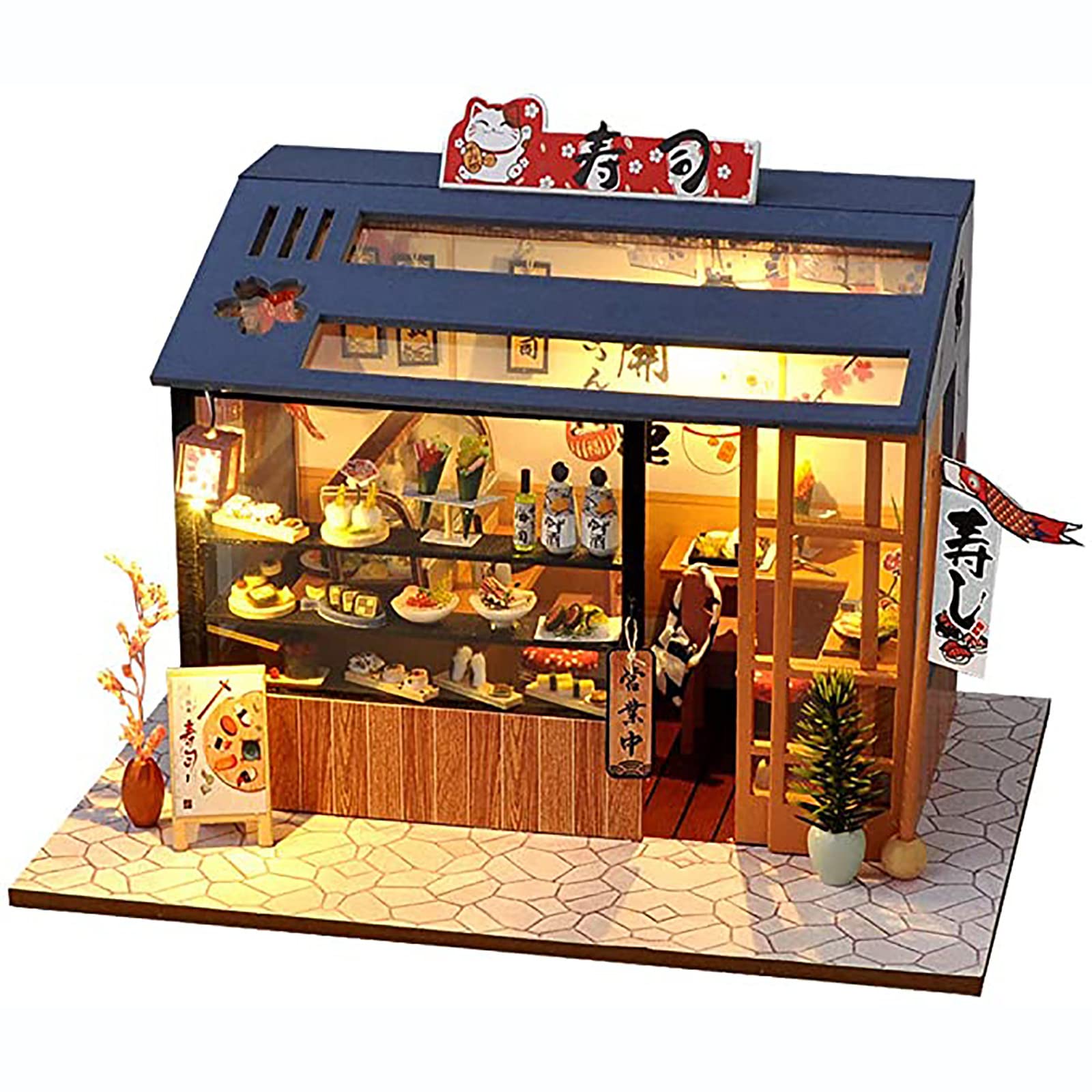 CFYP Sushi Shop Series Dollhouse Kit with Furniture and LED Lights, 1:24 Scale Wooden Handmade Building Model Puzzle Toy, 3D Creative Birthday New Year DIY Gift Present