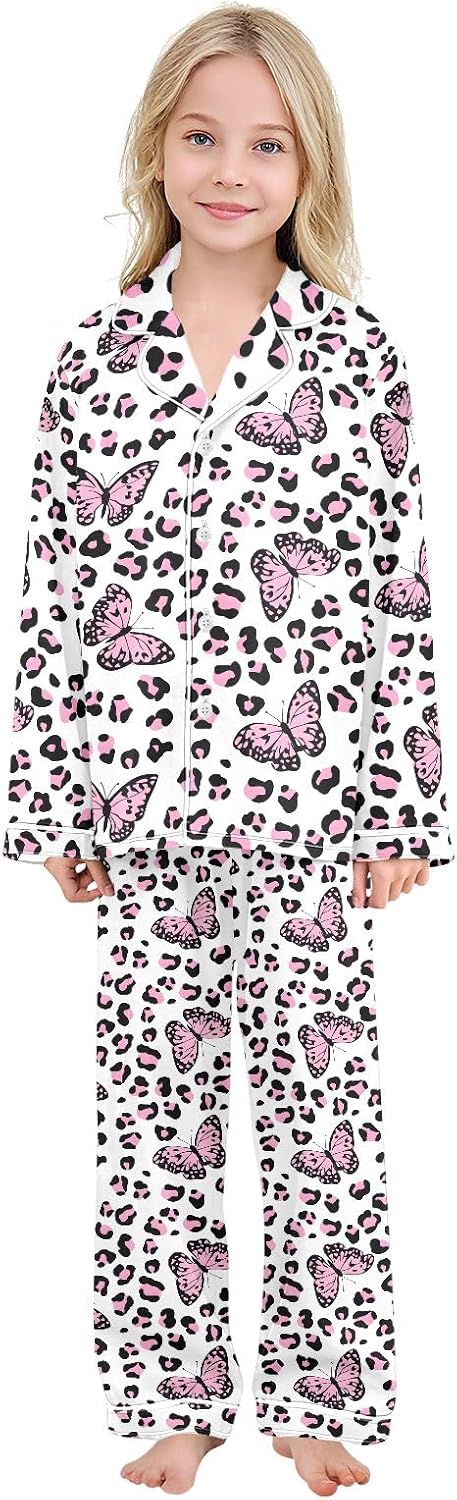 Kids Casual Satin Wear Set Pink Leopard Butterfly Pattern Unisex Relaxed Fit Clothing