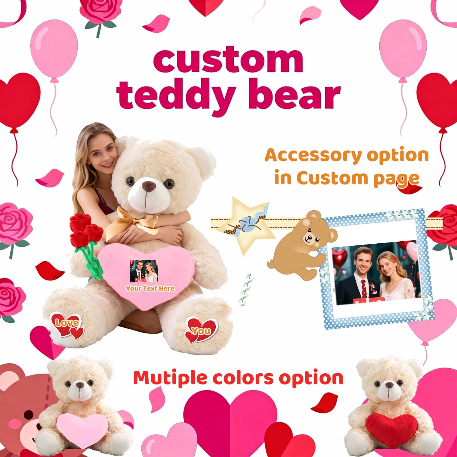 Orsacchiotto Gigante Personalizzato Con Cuore 60 cm A 100 cm Con Testo E Foto, Big Teddy Bear Personalizzabile Come Orsacchiotto Gigante Regalo Per San Valentino Natale Compleanno