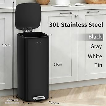 mVm 30L Kitchen Bin,Stainless Steel Pedal Bin,Trash Can with Inner Bucket,Soft-Close Lid,Stays Open,Rubbish Bin for Home,Office