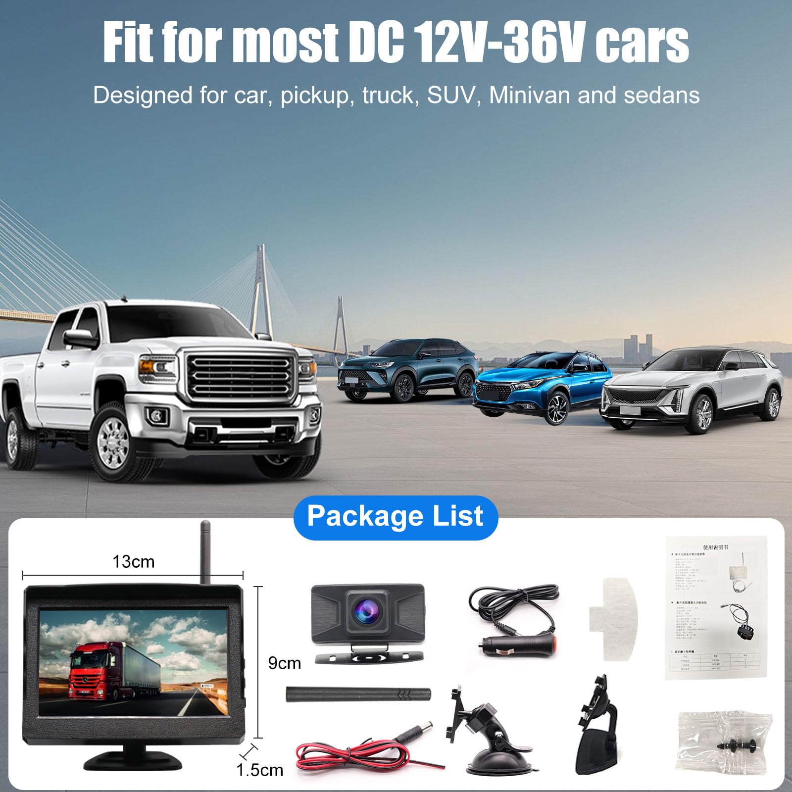 Kit Camara Marcha Atras Coche Inalambrica Digital, 1080P Cámara Visión Trasera WiFi IP68 Impermeable con 5" LCD Monitor, Instalación Simple Transmisión 300M para 12V-36V Camiones camionetas SUV