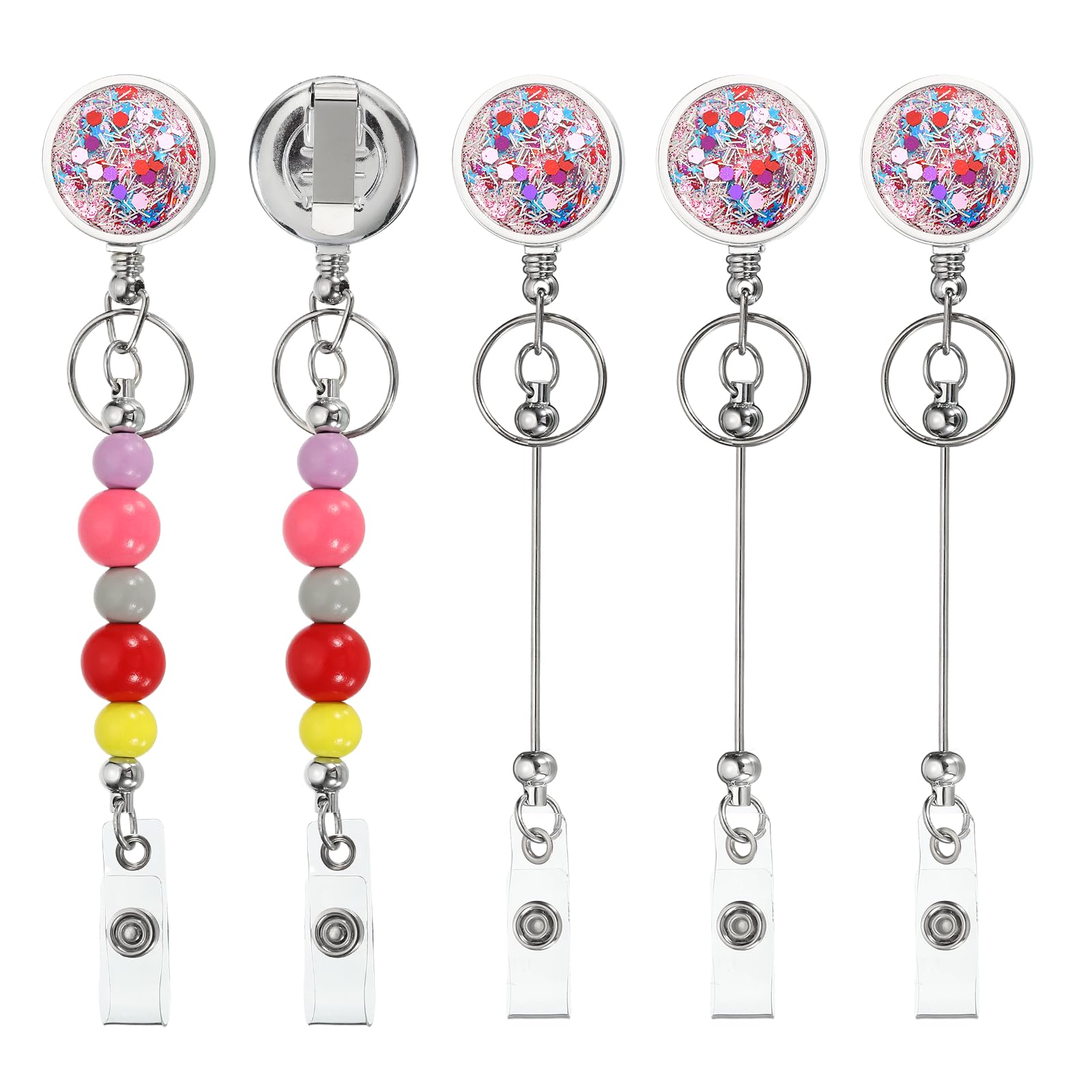 PATIKIL Beadable Badge Reels, 5 Pcs Bead Retractable Badge Holder, Retractable Bead Reel Keychain Blank Bar with Belt Clip for ID Name Key Teachers Office Workers DIY Gift, Colorful
