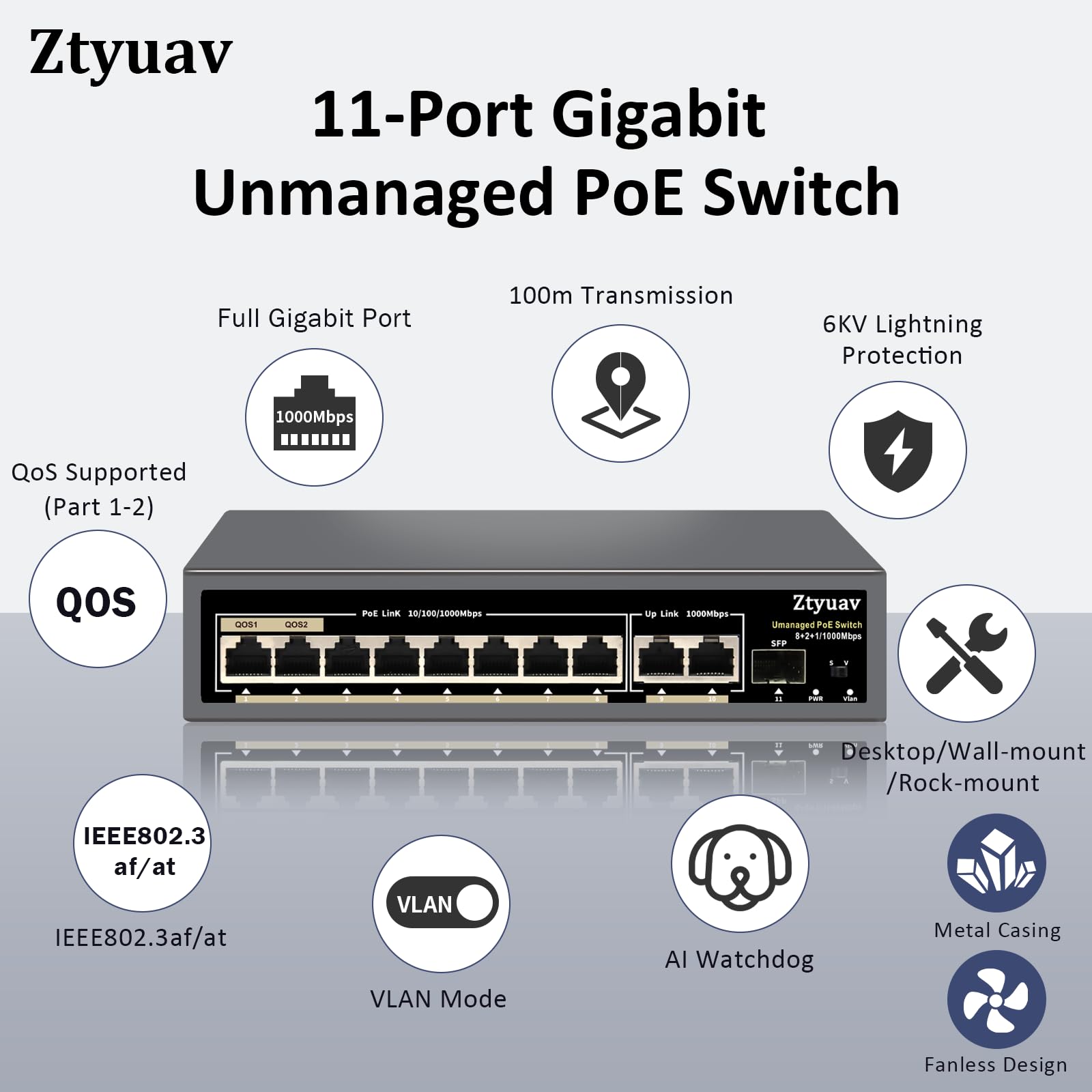 Commutateur PoE Gigabit Non géré 11 Ports Complet avec 8 Ports PoE+ à 120 W, 2 Liaisons Montantes et 1 Emplacement SFP IEEE802.3af/at, QoS, détection Automatique PD, Protection 6 KV (11)