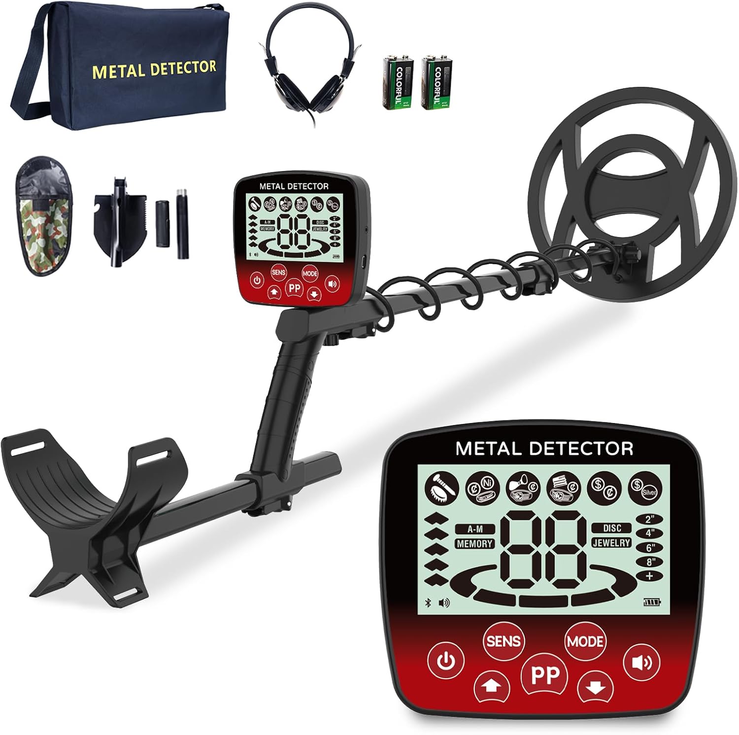 Waterproof Metal Detector for Adults, 10" IP68 Professional Metal Detectors, 5 Modes High Accuracy Detector de metales oro y Plata, Gold Detector/Tester with Shovel, Bags, Headphones(Red)