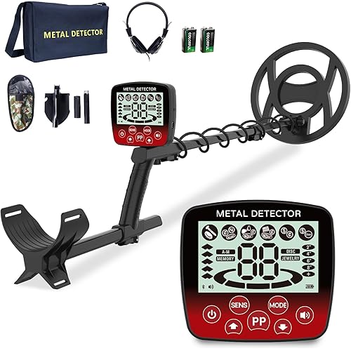 Waterproof Metal Detector for Adults, 10" IP68 Professional Metal Detectors, 5 Modes High Accuracy Detector de metales oro y Plata, Gold Detector/Tester with Shovel, Bags, Headphones(Red)
