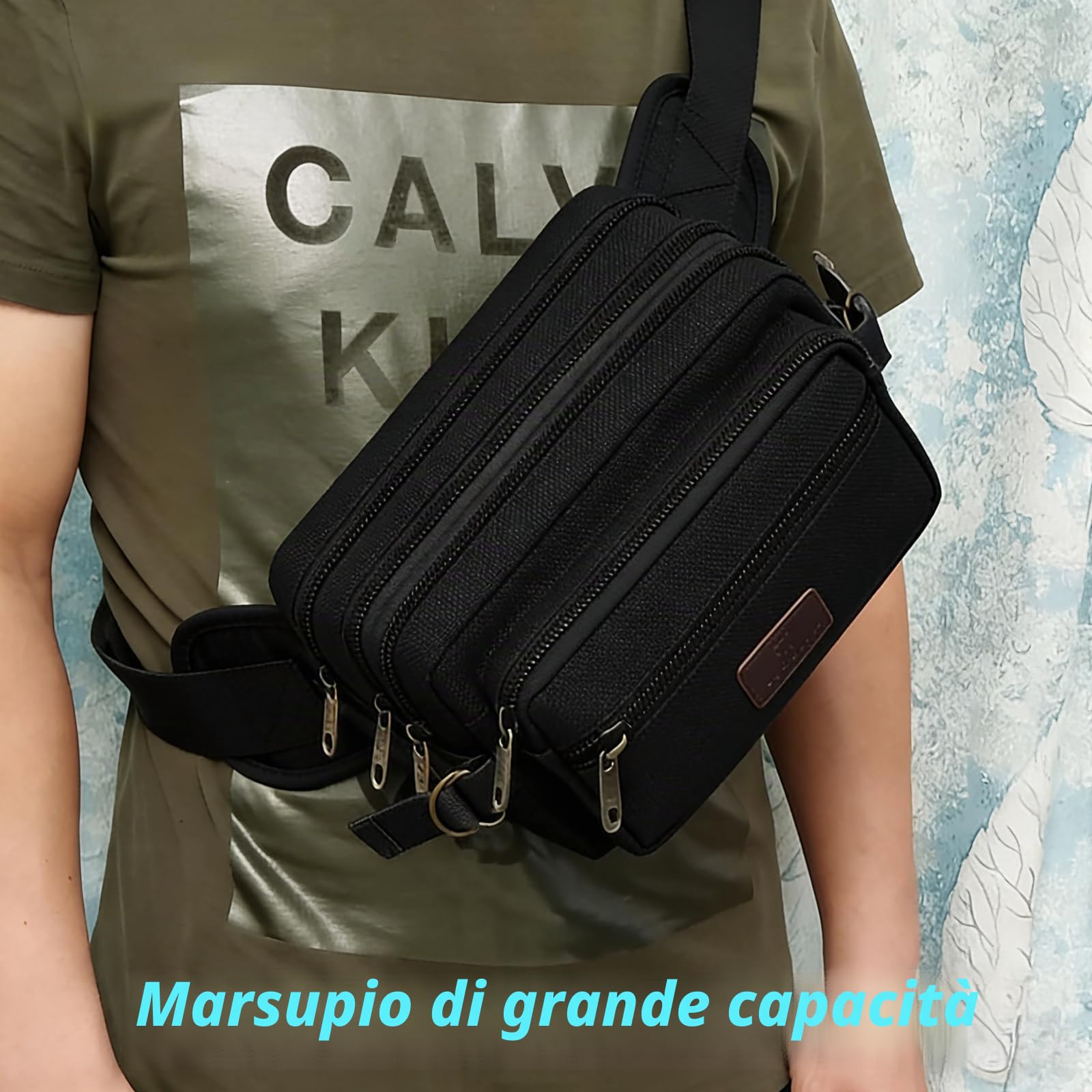 Marsupio Uomo Grande con 7 Tasche Bum Bag Cintura Regolabile per Escursionismo Bicicletta