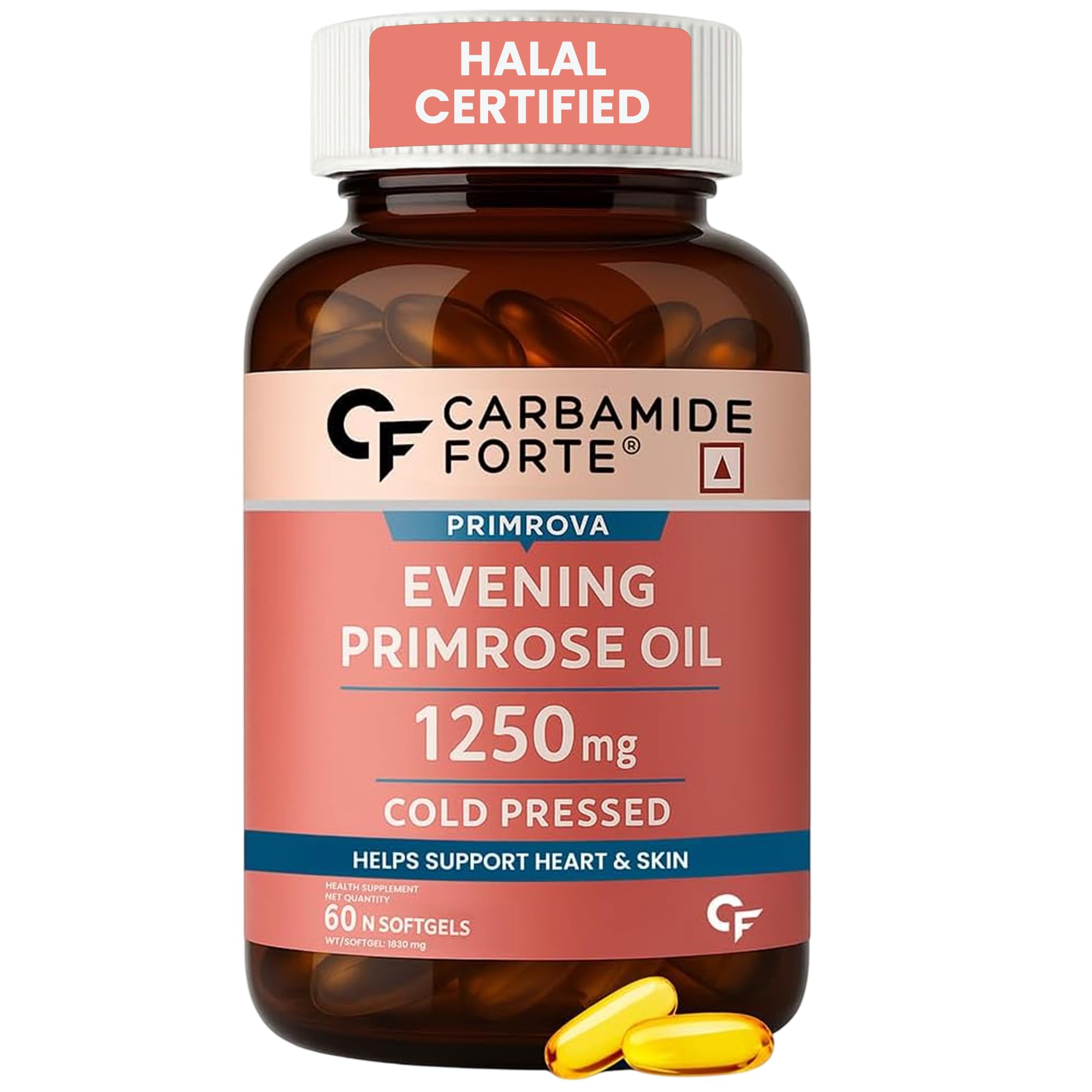 Primrose Oil Capsules 1250mg For Heart Health | Pure Evening Primrose Oil Supplement For Men And Women | Hexane & Paraben Free EPO with 10% GLA – 60 Capsules