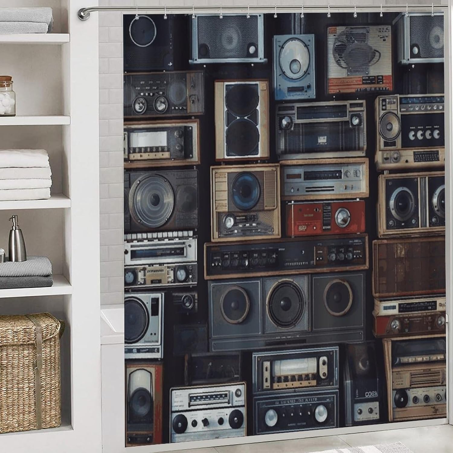 Vintage Wall of Radio Boombox Shower Curtain Set 4 Piece, Non-Slip Bath Mat with Toilet Lid Cover and Waterproof Shower Curtain with 12 Hooks, Complete Bathroom Set for Home Decor