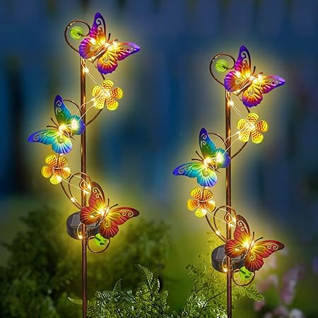Solar Garden Lights Butterfly Garden Decor Outdoor Waterproof Metal Butterfly Decorative Solar Stake Lights for Yard,Lawn,Patio,Walkway,2 Pack