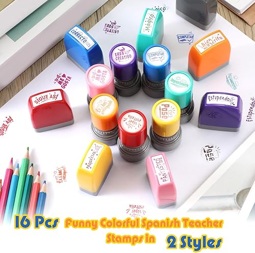Vista 16 de Jetec 16 sellos autoentintados para profesores españoles, regalos para profesores, sellos de calificación de motivación para suministros de Redonda
