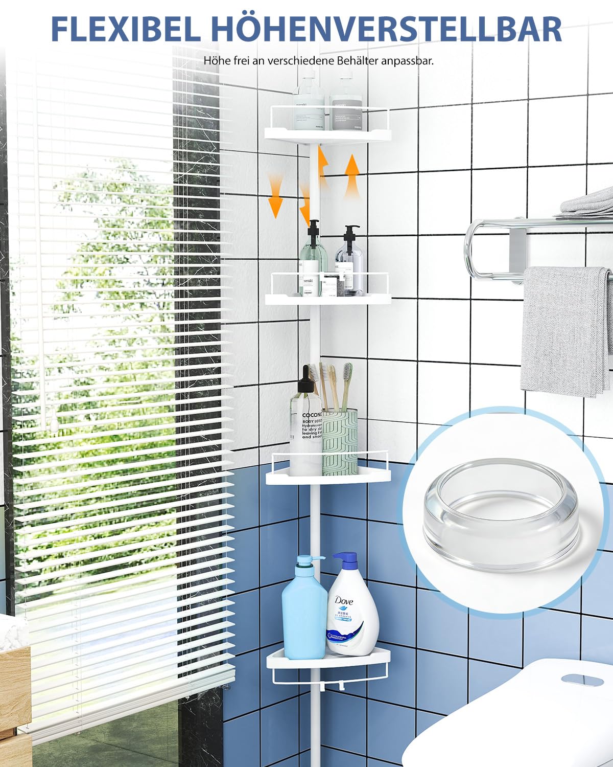 Sekey Duschregal Ohne Bohren Weiß - Duschablage Teleskop mit 4 Körben, Höhenverstellbar 79-315 cm, Stabiler Stand & Eck-Design für Badezimmer