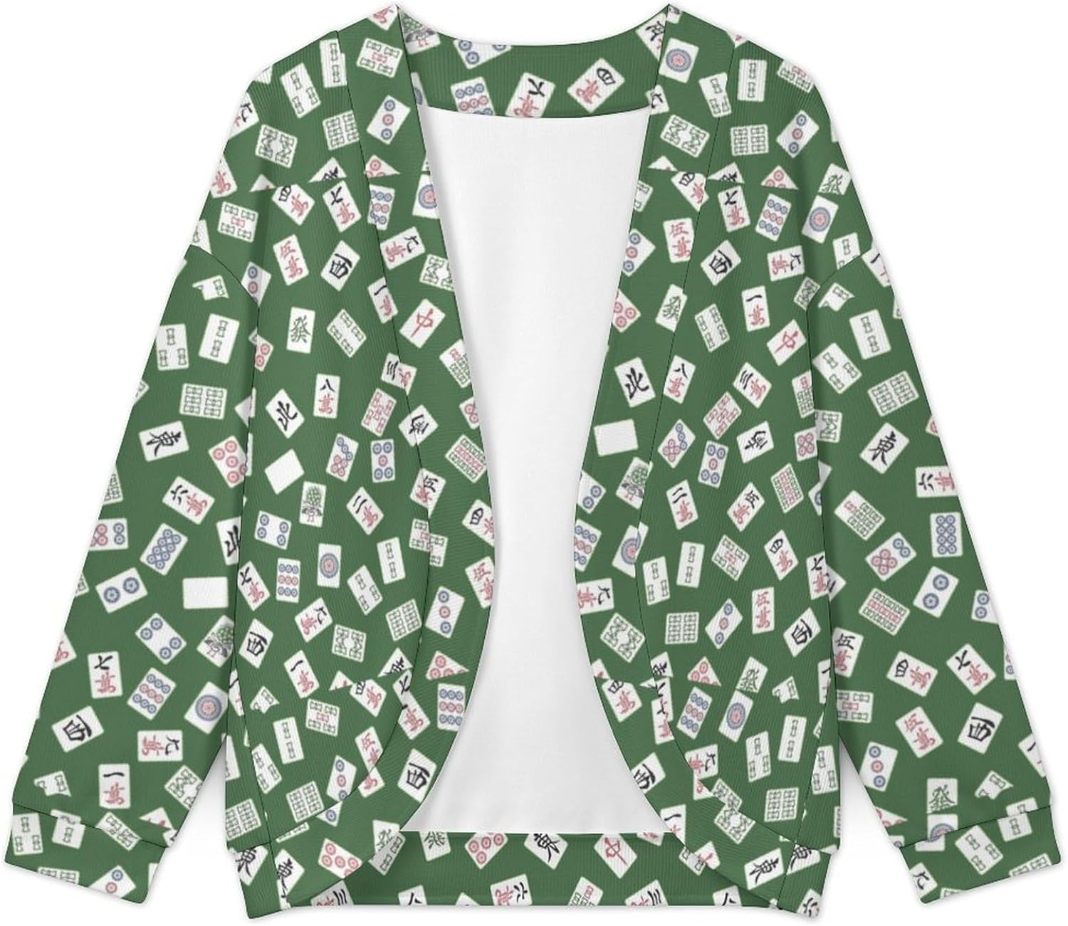 White Mahjong Cardigan Womans Long Sleeve Open Front Sweater Lightweight Travel Knitwear Casual Shrug Sweater Loose