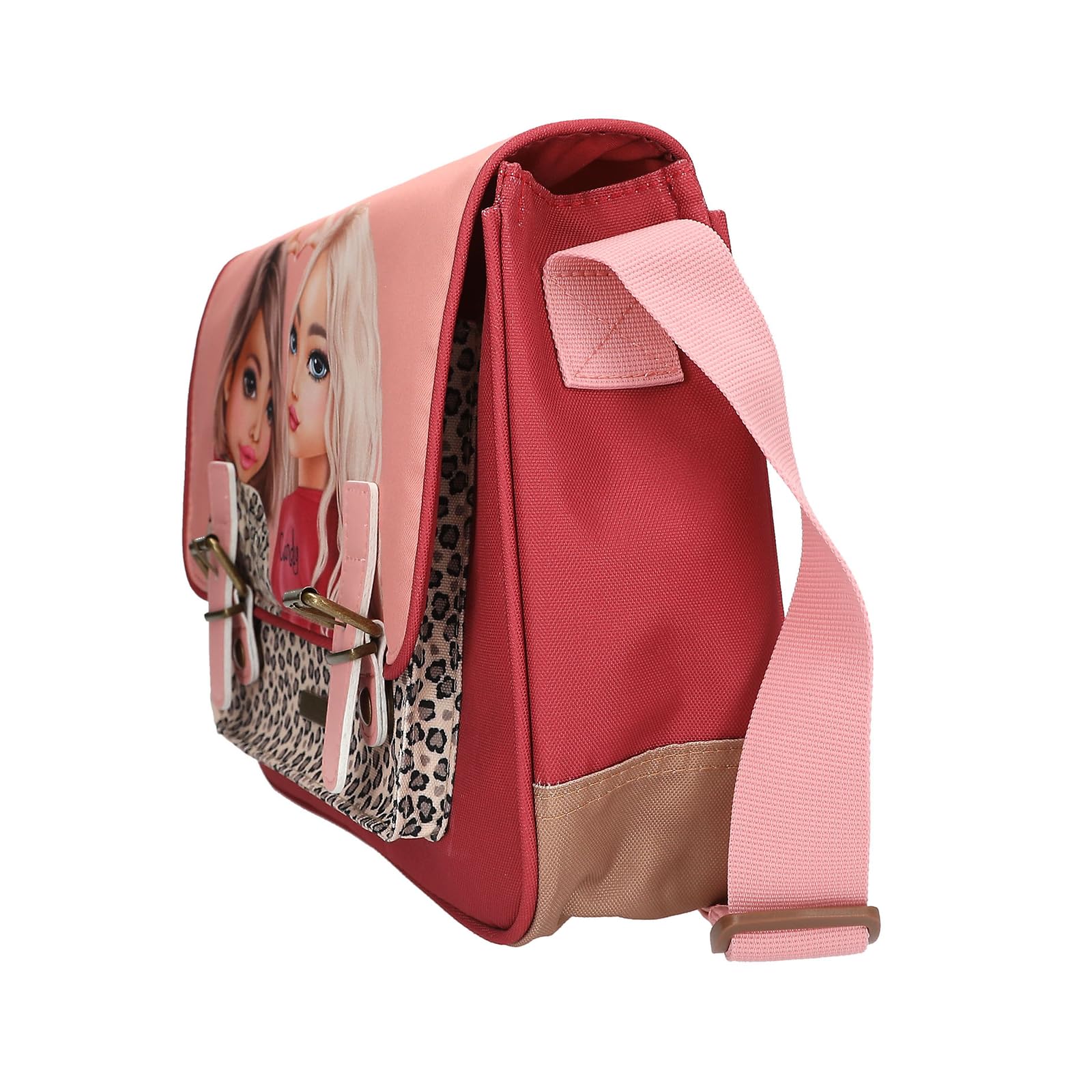 Depesche 13644 TOPModel Leoheart - Umhängetasche in Rosa und Rot, mit Model Motiv und Leo-Muster, Handtasche mit längenverstellbarem Tragegurt