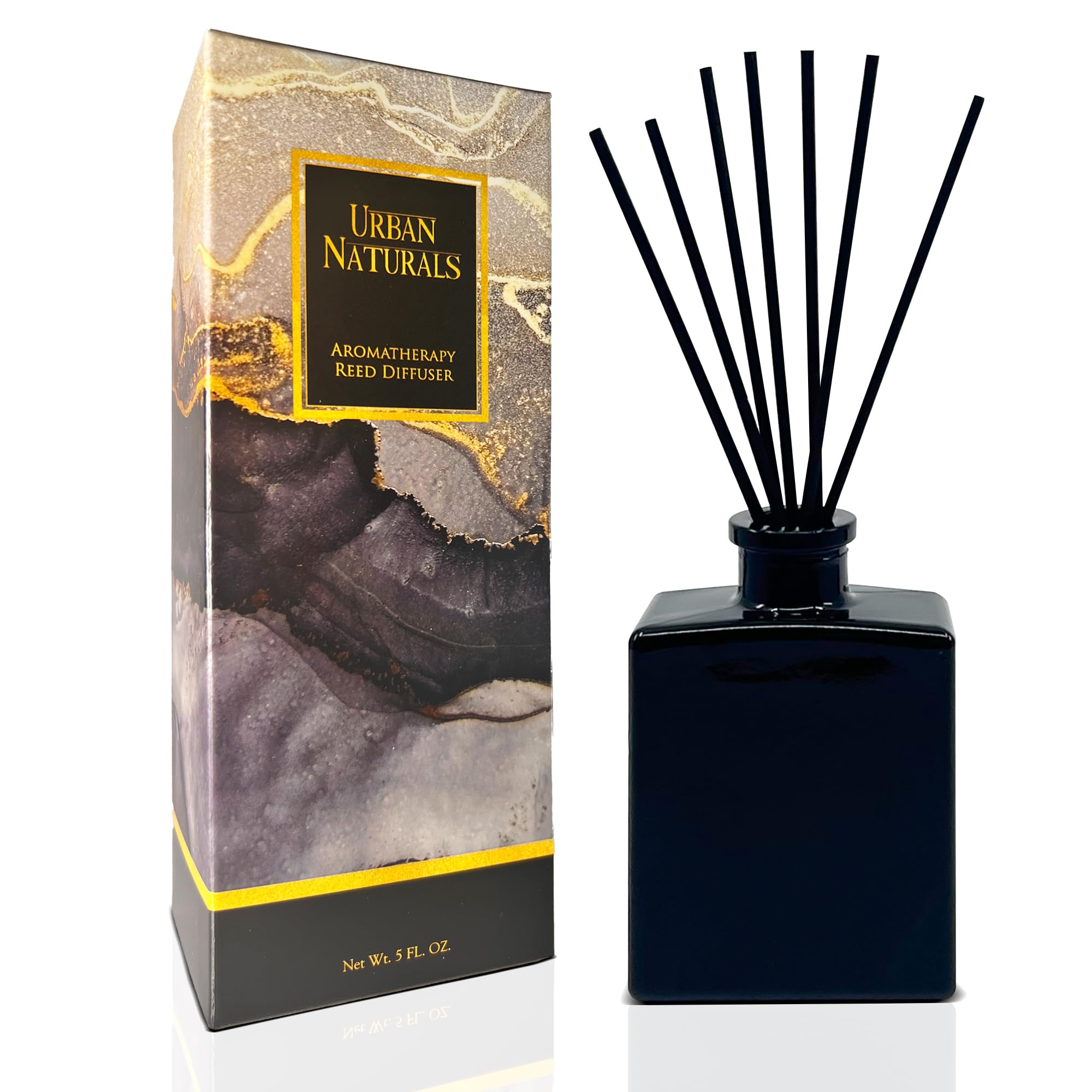 Urban Naturals Smoked Vanilla Reed Diffuser Set with Vanilla Bean, Sandalwood & Leather – 5 Ounce Sleek Black Rectangular Refillable Glass Bottle – Made in The USA