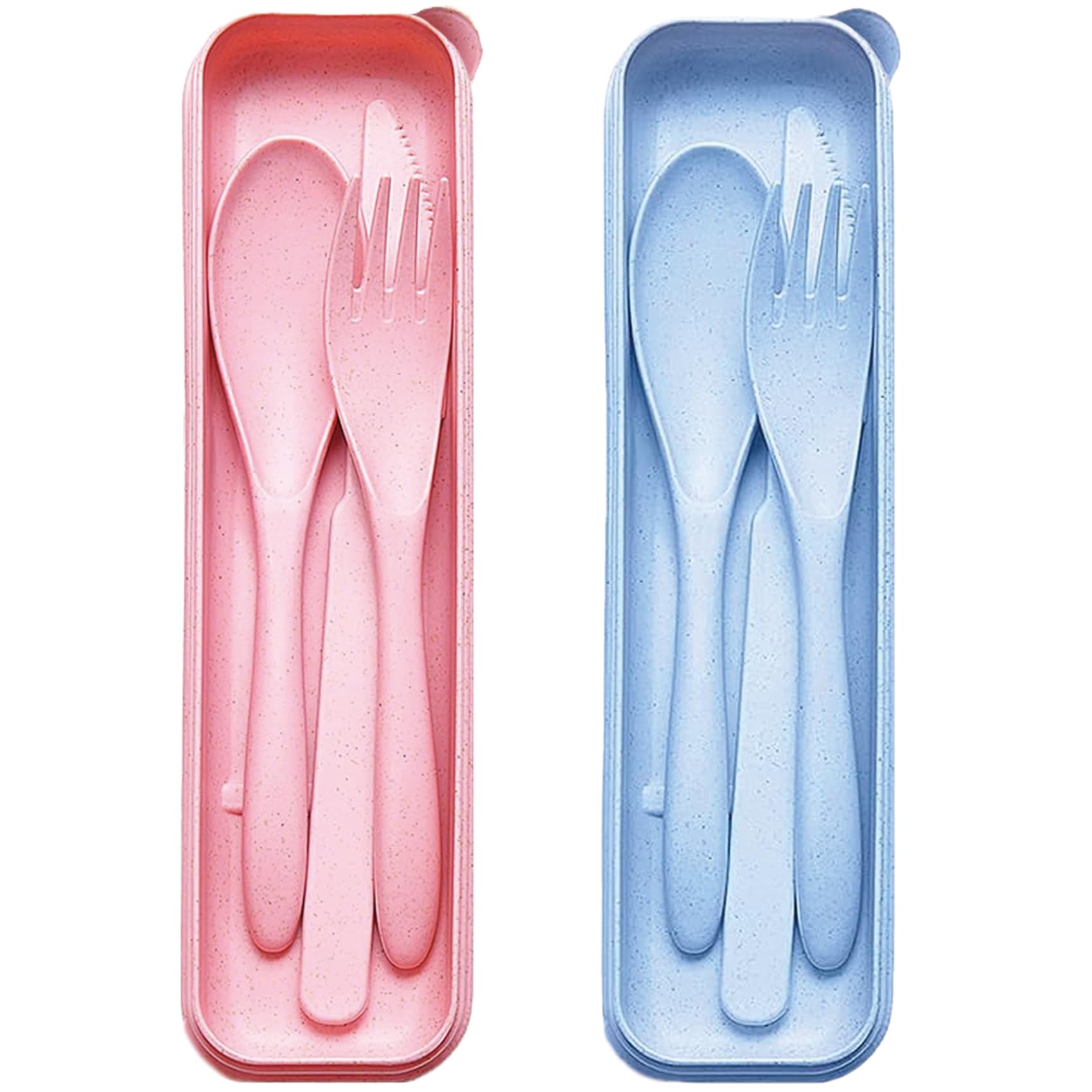 Portable Cutlery Set with Case, 2 Sets Reusable Plastic Knife Fork Spoon Tableware Set, Travel Utensils Set for Camping Picnic Office School or Daily Use (Pink + Blue)