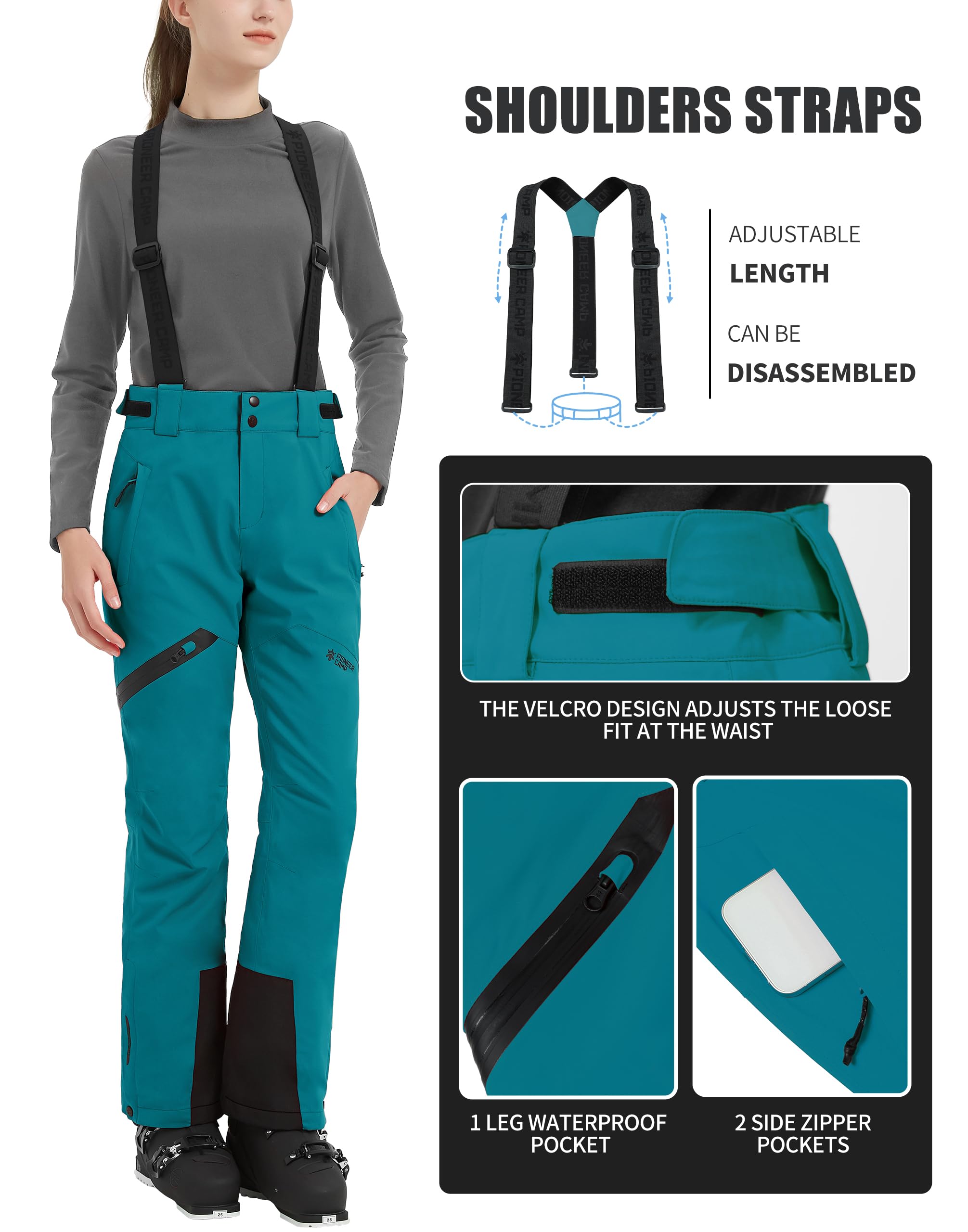 Pioneer Camp Pantaloni da Sci da Donna Cuciture Nastrate Impermeabili Ghette da Neve Integrate Ginocchio Articolato Bretelle Staccabili Regolabili Pantaloni Softshell Invernali da Esterno