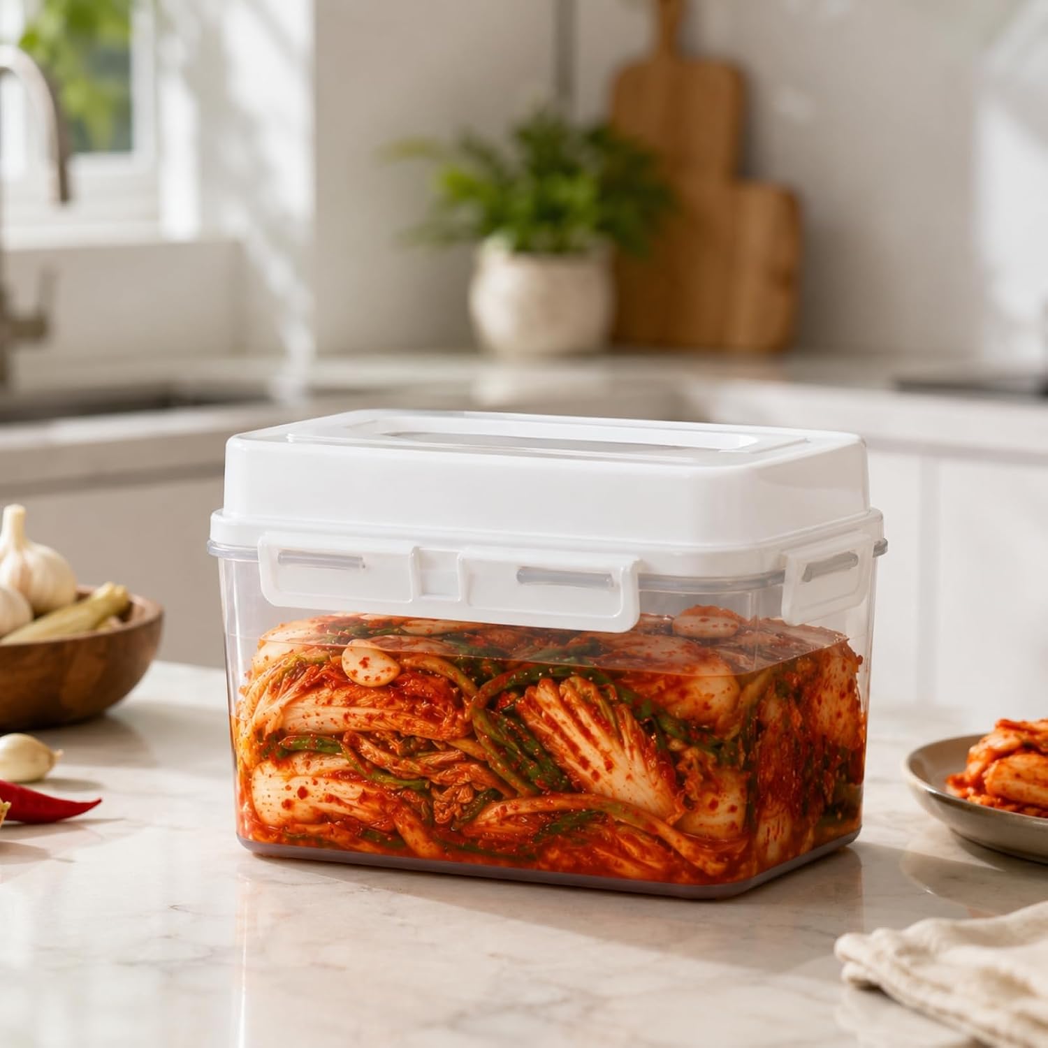 Kimchi Fermentation Container, Automatic Press Plate Sauerkraut Jar, Airtight Plastic Food Storage Container with Hidden Handle, Kimchi Making Kit, Clear Pickle Box for Home Kitchen, 5L/1.32gal
