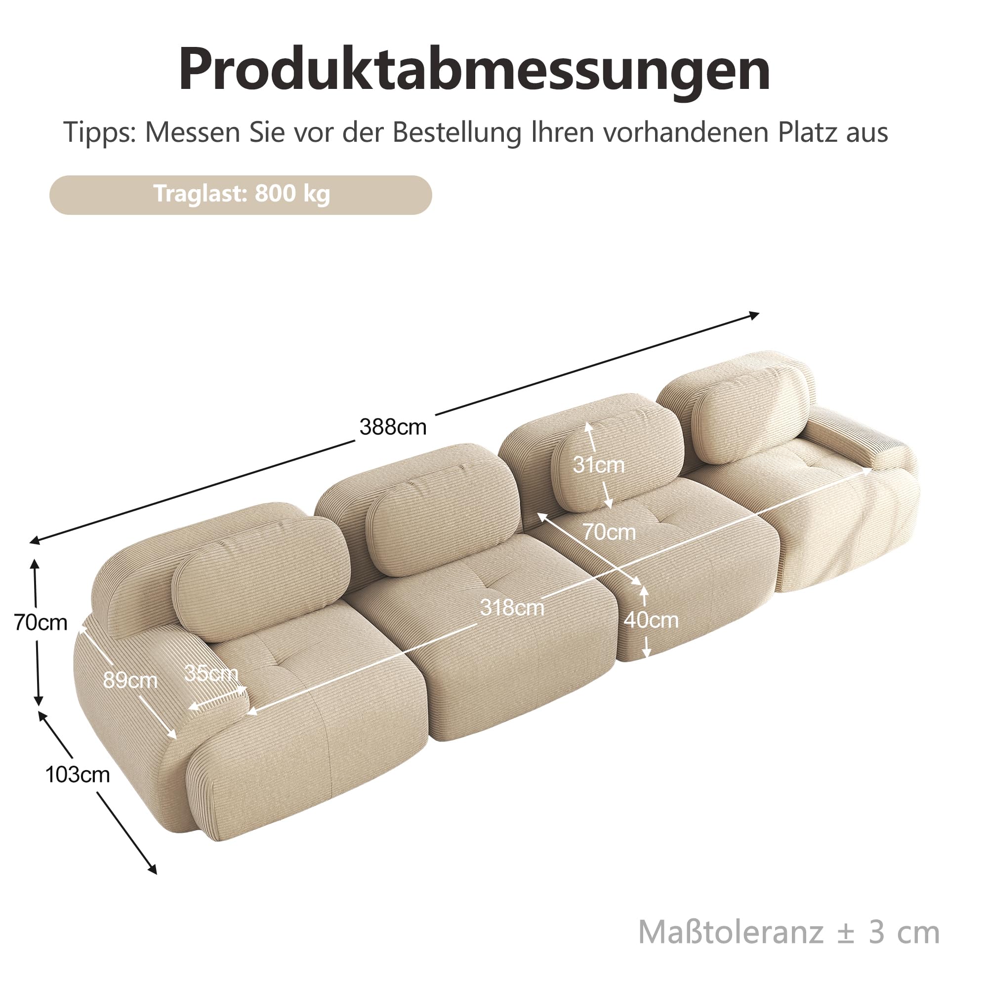 Sofá modular de esquina de tela de pana, sofá boneless, sofá con función de dormir, de 32D espuma de alta densidad, diseño de asiento profundo, base antideslizante, para sala de estar y