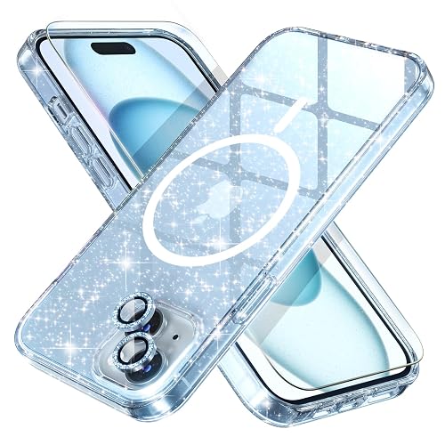 Choiche Compatible for iPhone 15 Case Magnetic, Women Clear Glitter Bling Sparkly Case, [2xDiamond Camera Lens Protectors] [2xTempered Glass Screen Protectors] [Compatible MagSafe] (Glitter Blue)