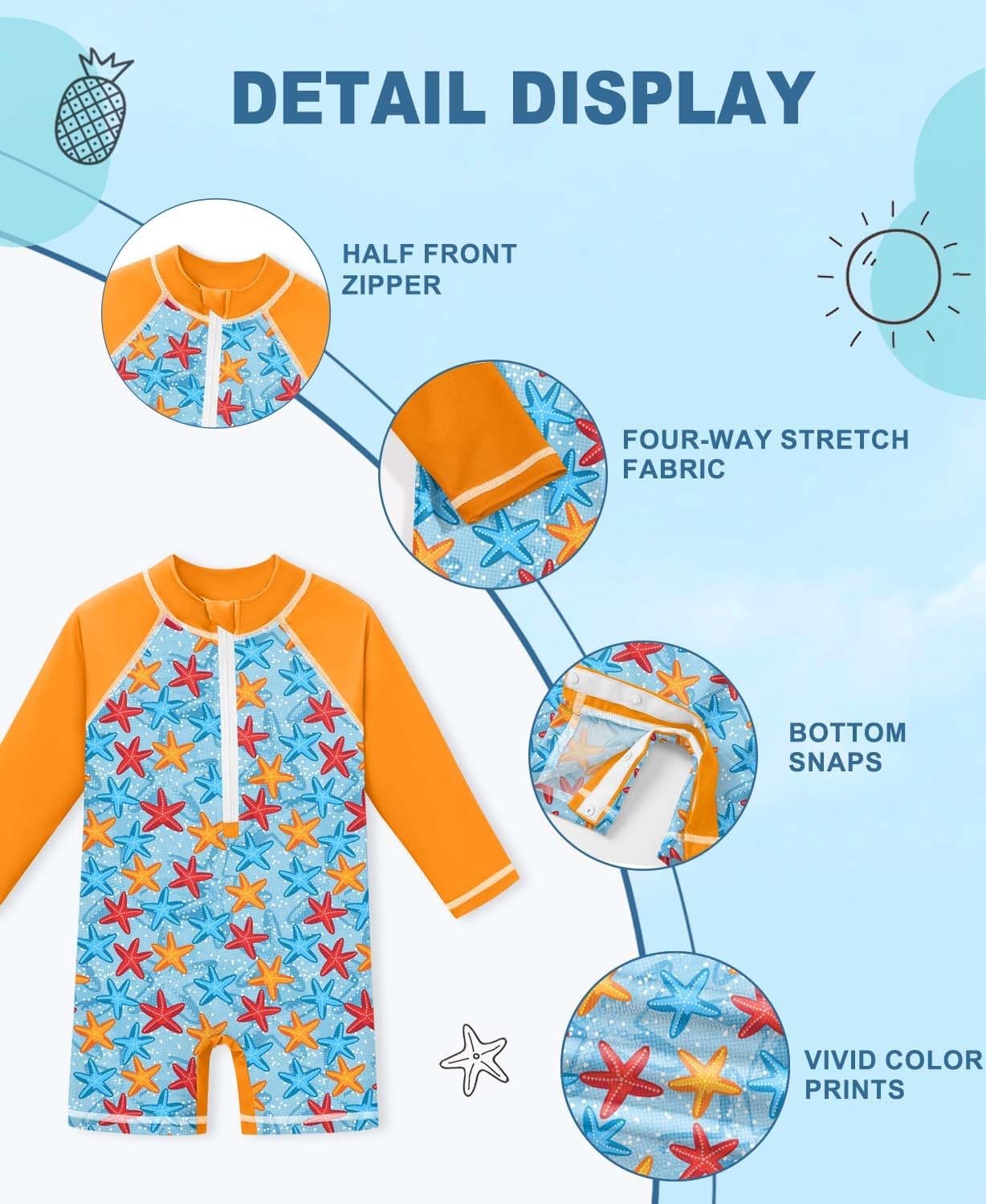 BesserBay Baby Boy Swimsuit UPF 50+ Zip Front Long Sleeve Snaps Bottom One Piece Rash Guard 0-36 Months - Image 5