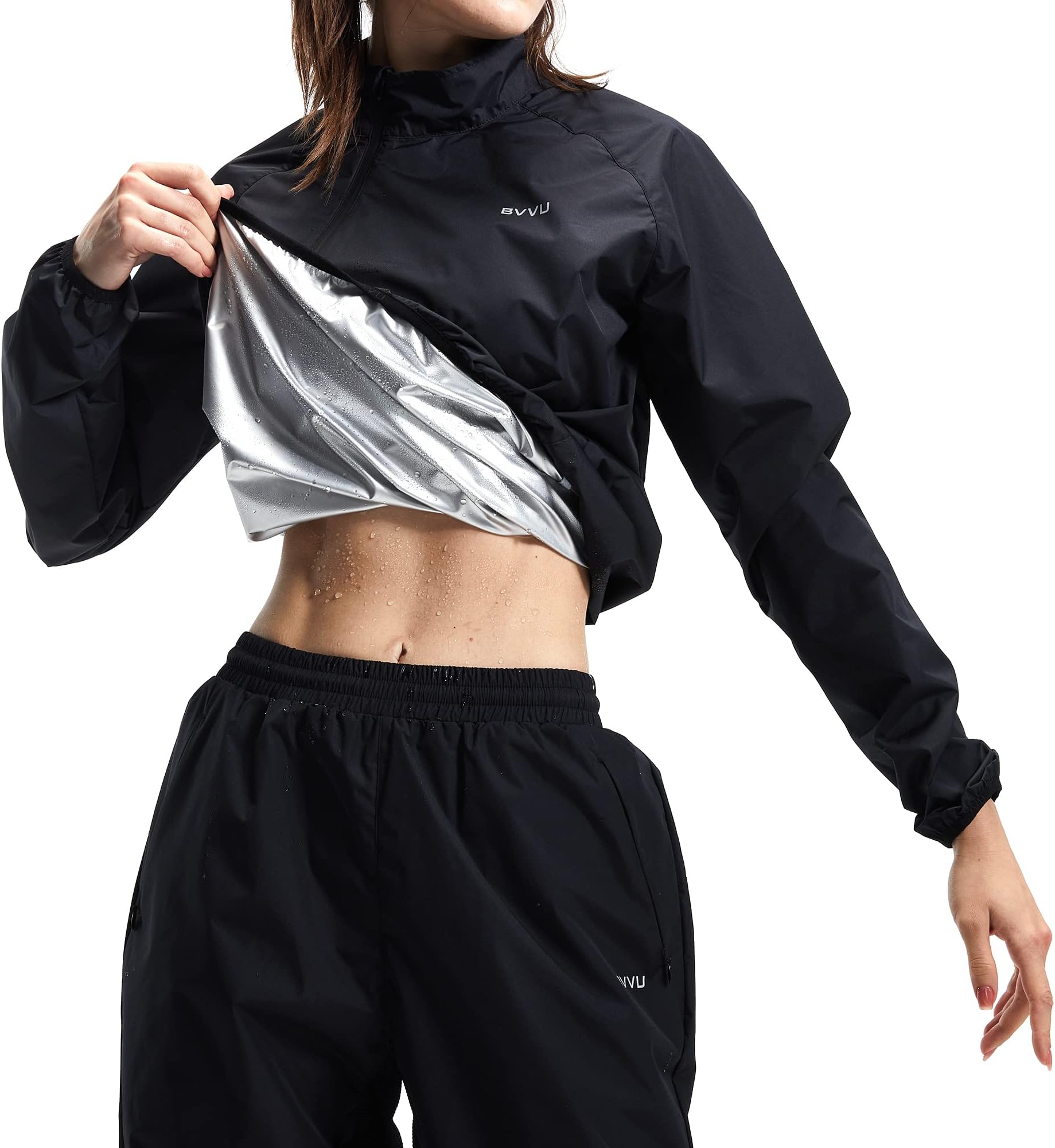 BVVU Sauna Suit for Women Sweat Suit Women Zipper Plus Size Sauna Jacket Shirt Anti Rip Workout Exercise Boxing Gym