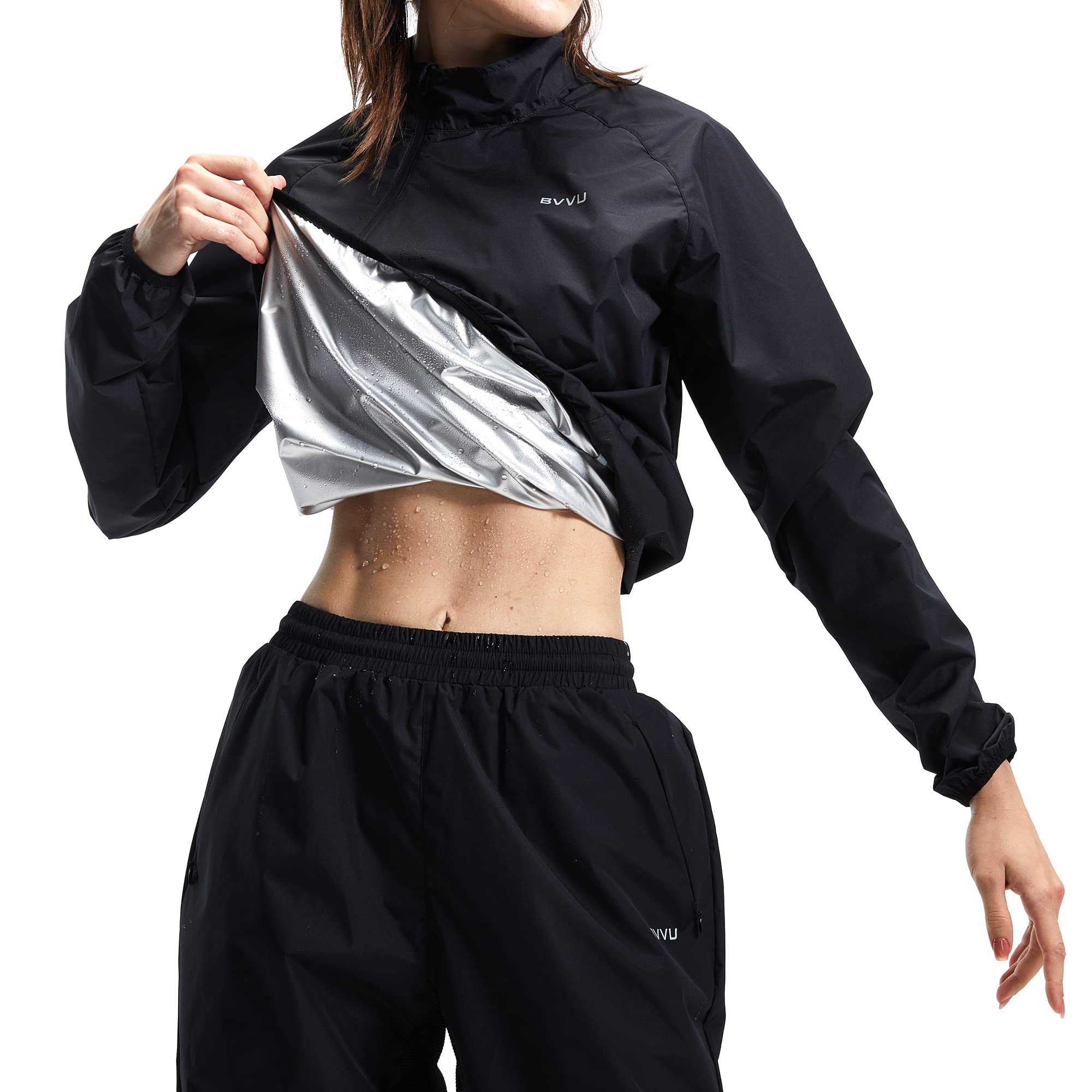 BVVU Sauna Suit for Women Sweat Suit Women Zipper Plus Size Sauna Jacket Shirt Anti Rip Workout Exercise Boxing Gym