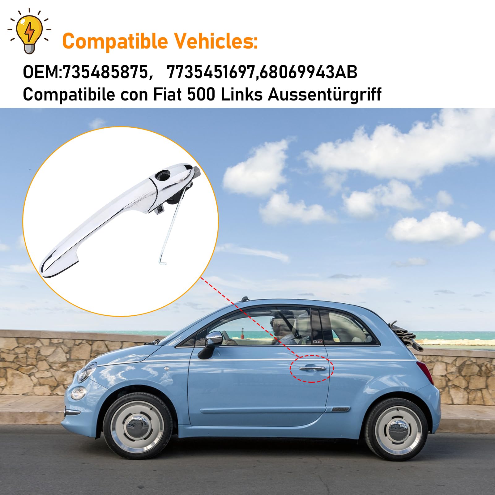 TTCR-II Compatibile con Maniglie Esterne Porte Fiat 500 2007-2020 Maniglie Anteriore Sinistra 68069943AB Maniglia Della Porta 735451697 735485875-(Cromato)