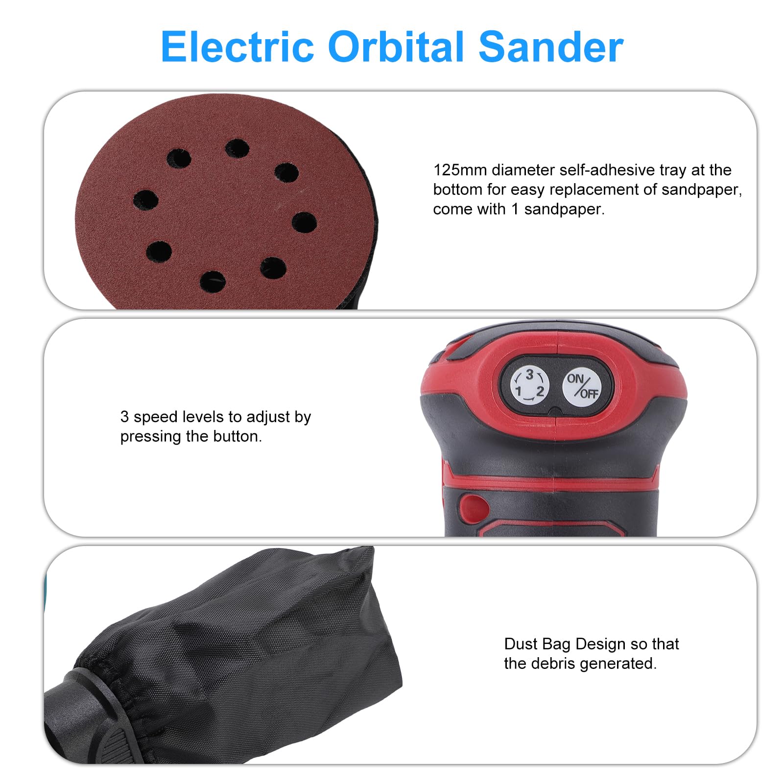 Asixxsix Lijadora orbital aleatoria de 5 pulgadas, lijadora eléctrica de mano de 300 W con 3 velocidades (7000/9500/11000 rpm) y bolsa para recoger el polvo, para pulir coches y muebles.
