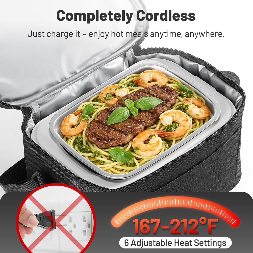 30000mAh Cordless Electric Lunch Box for Adults, 6.3 Cups Capacity, Rechargeable Battery Powered with Automatic Scheduled Heating, Portable Food Warmer for Men Women Hot Meal Anywhere