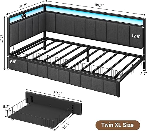 Miniatura 3 de Hasuit Base de cama esquinera con cajones de almacenamiento, sofá cama individual XL con valla tapizada de tela de línea, unidad de cama para niños
