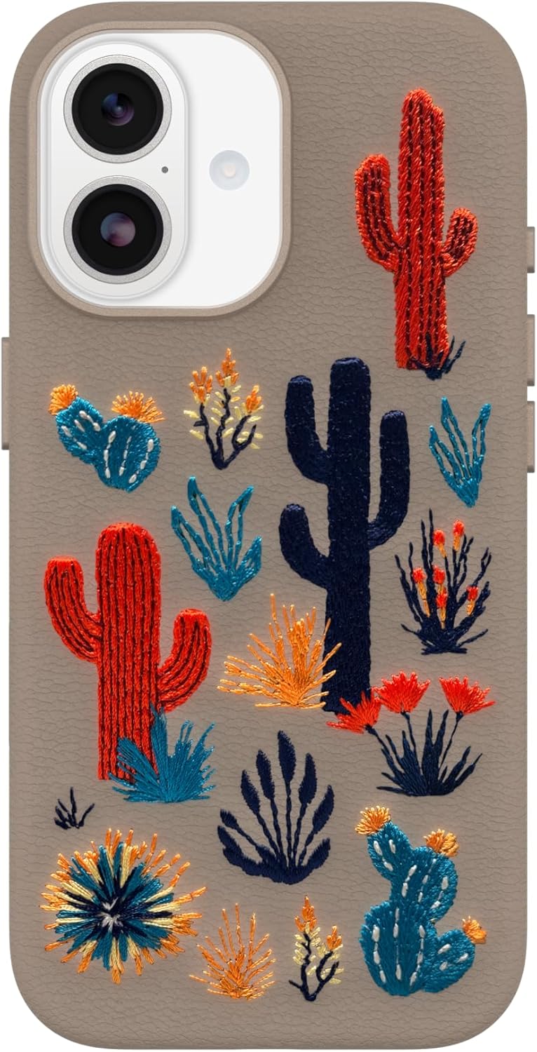 OtterBox iPhone 17 Symmetry Series Cactus Leather Embroidery Case - Cactus Garden - Grey - Textured, Embroidered Cactus Garden Artistic iPhone Case